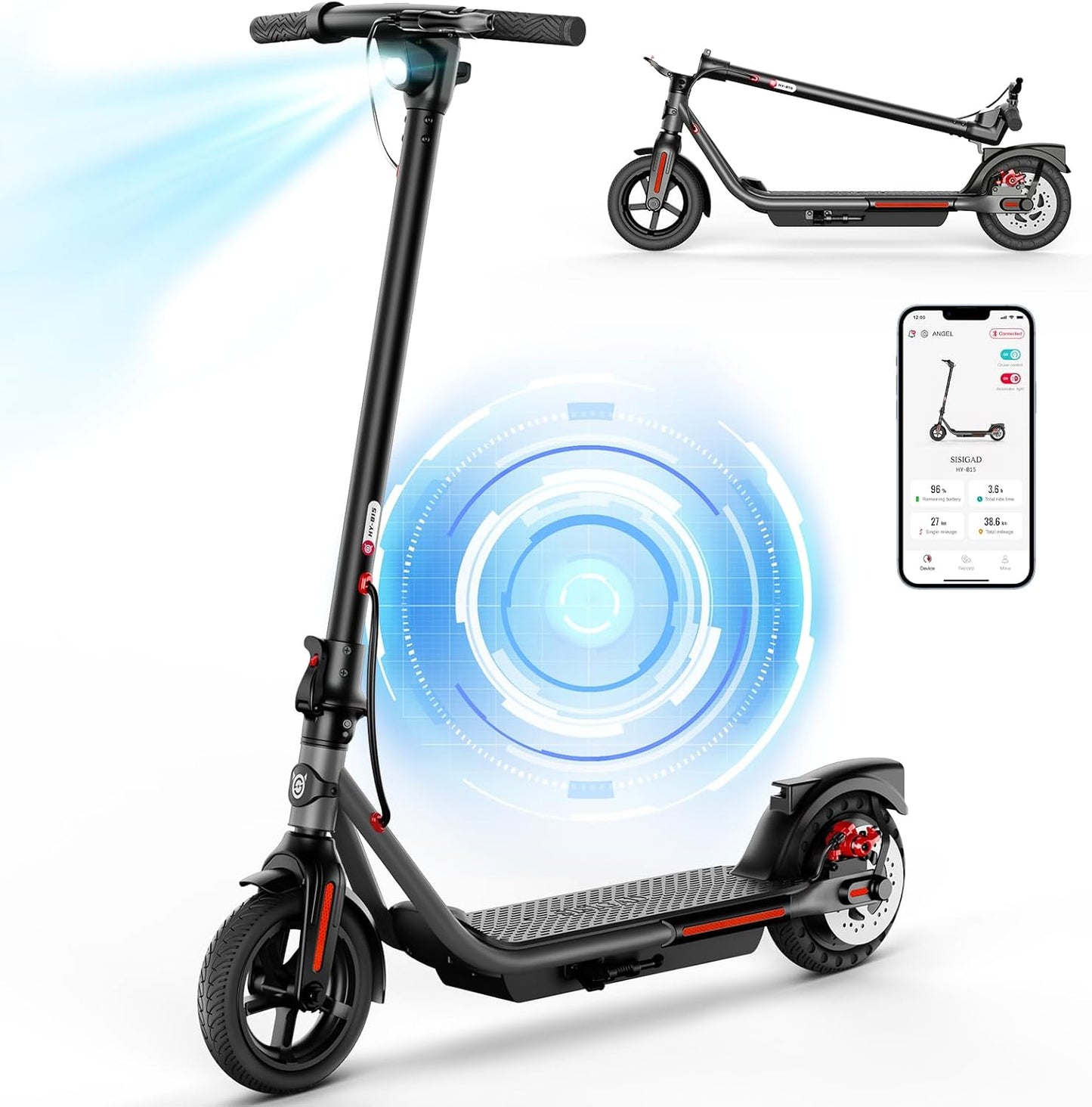 SISIGAD Electric Scooter Adults 8.5 Inch Tires, 300W Motor Peak 500W, Max 19 Mph Speed, 15 Miles Long Range, Portable Folding E-Scooter for Commuting with Dual Brakes, APP Control, Slate Gray