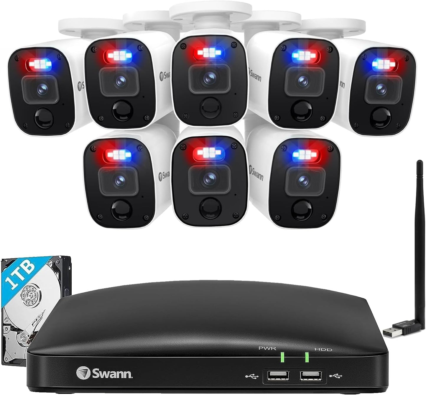 Swann 4K Security Camera System DVR with 2TB HDD, 8 Channel 8 Cam, Indoor Outdoor Wired 8MP Home Surveillance Bullet Cameras, Color Night Vision, 24/7,Heat Motion Detection, LEDs, Sirens and Mic