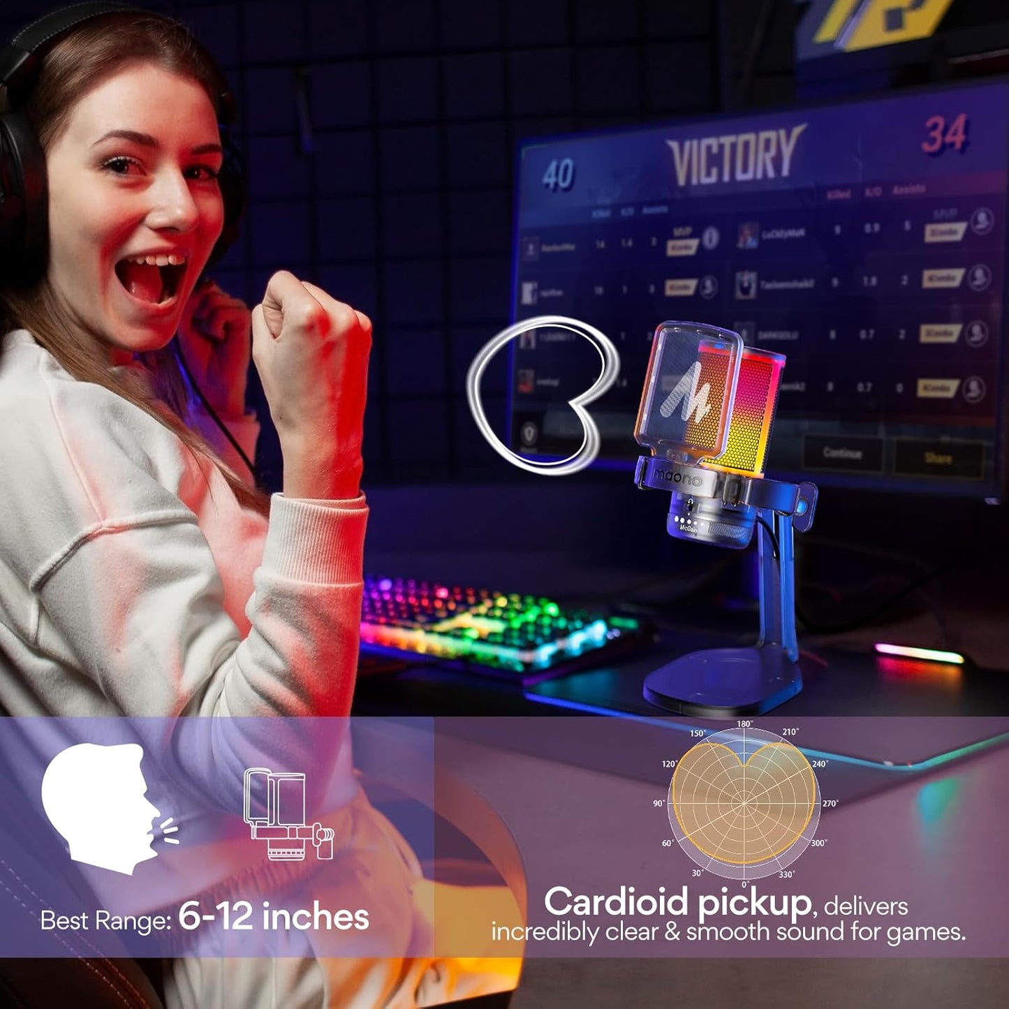 MAONO USB Gaming Microphone for PC, Noise Cancellation Condenser Mic with RGB Lights, Mute, Gain for Streaming, Recording, Podcast, Chat, Twitch, YouTube, Discord, Computer, PS5, PS4, GamerWave