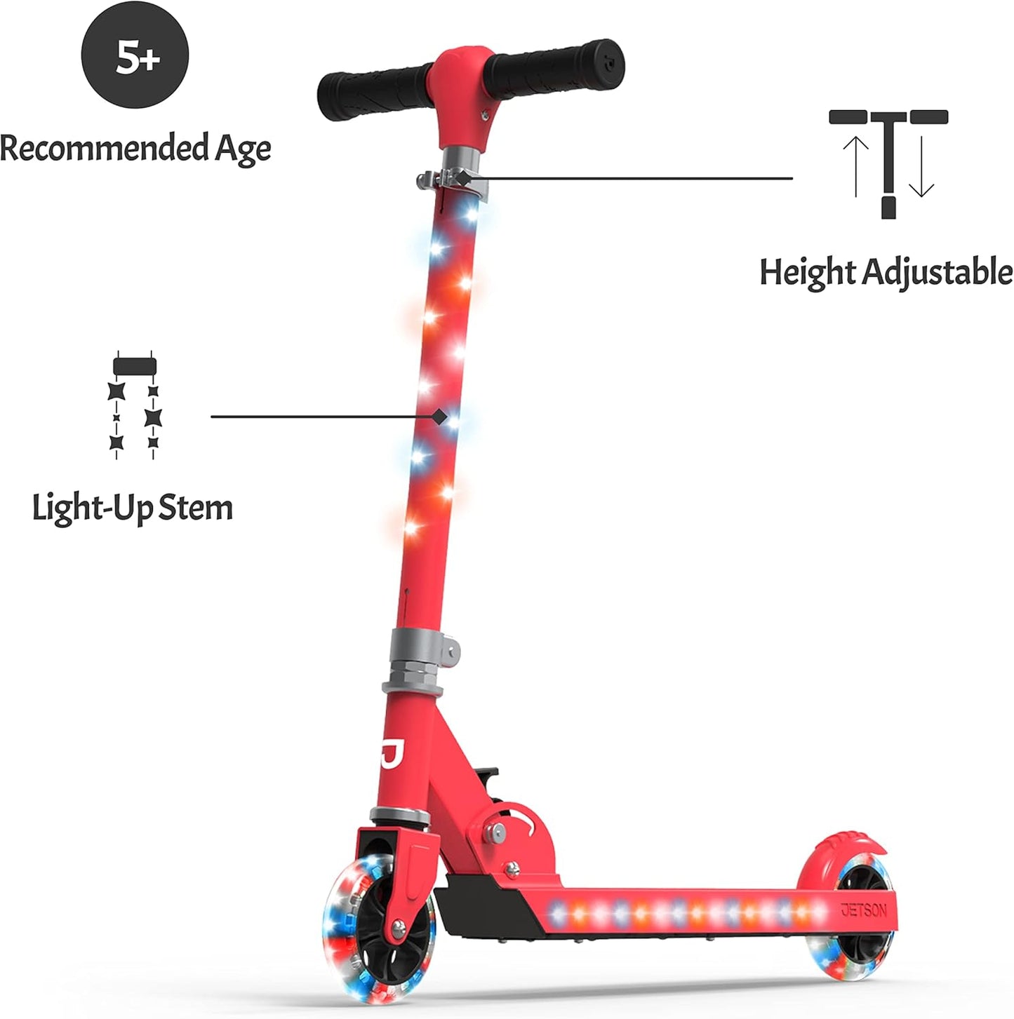 Jetson 2-Wheel Light-Up Kick Scooter, Light Up Deck and Wheels, Height Adjustable Handlebar, Rear Brake, Easy-Folding Mechanism, 4 or 6 inch wheels