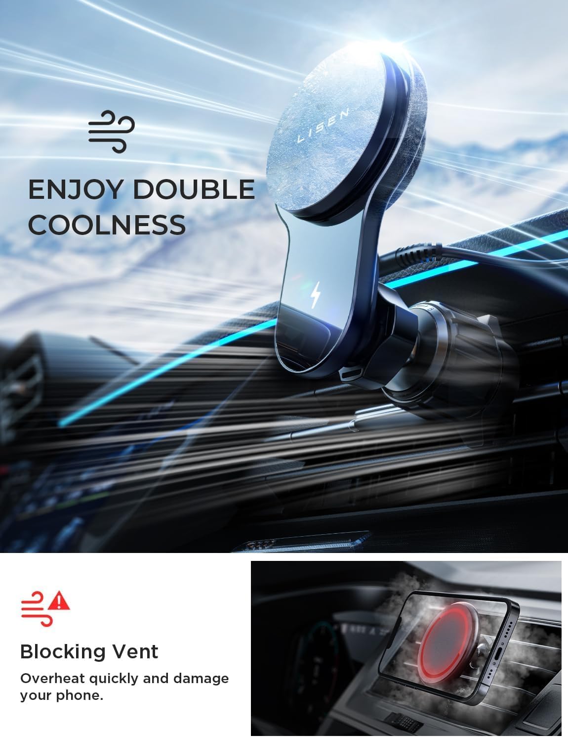 LISEN for Qi2 MagSafe Car Mount Charger, 15W QI2 Wireless Car Charger, Cooling with MagSafe Charger Car Mount Phone Holders for Your Car, Magnetic Car Charger for iPhone 16 Pro Max Plus 15/14/13 Mini