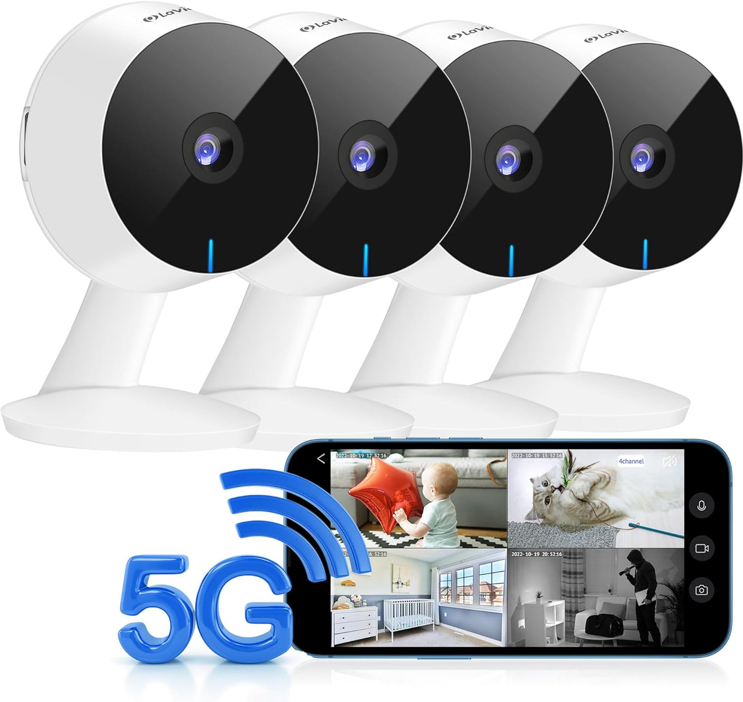 LaView Security Cameras 4pcs, Home Security Camera Indoor 1080P, Wi-Fi Cameras Wired for Pet, Motion Detection, Two-Way Audio, Night Vision, Phone App, Works with Alexa, iOS & Android & Web Access