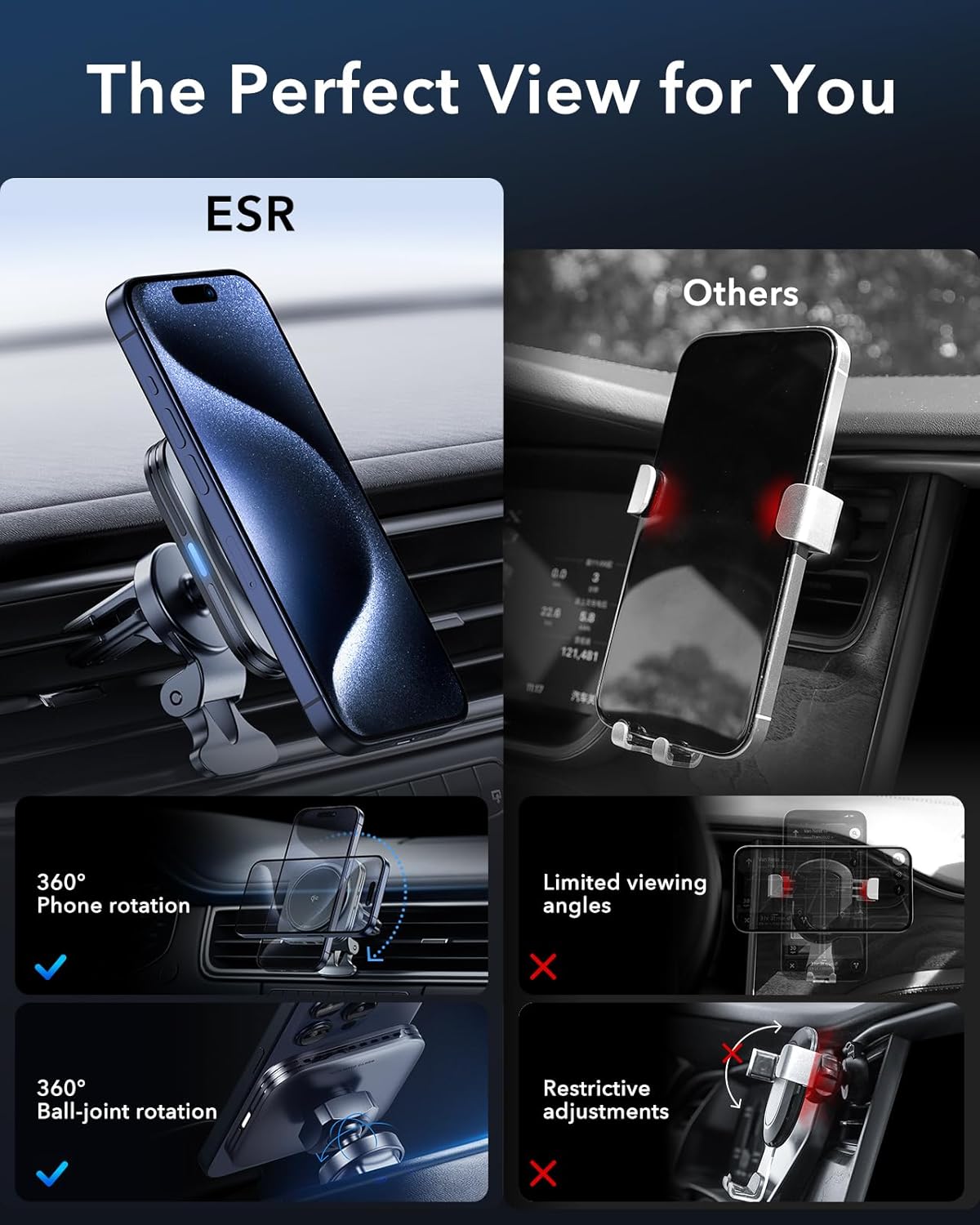 ESR for Qi2-Certified 15W MagSafe Car Mount Charger with CryoBoost, Phone Cooling MagSafe Car Charger, Air Vent/Dashboard Wireless Car Charger for iPhone 16/15/14/13/12, Fast Charger, Black