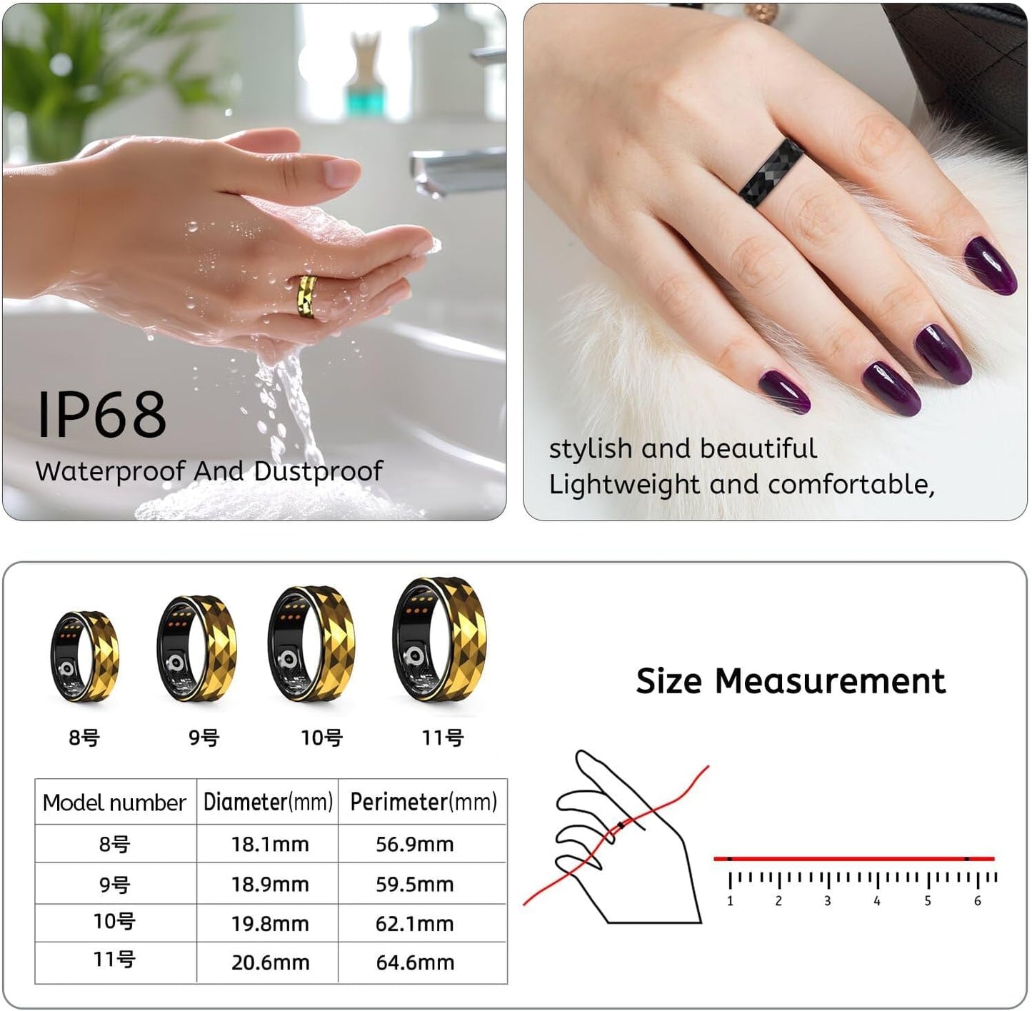 Smart Ring,Fitness Tracker Ring for Men/Women,Monitoring of Pedometer,Heart Rate,Blood Oxygen,Sleep Tracker,No App Subscription,Compatible with Android and iOS (Black,9#)