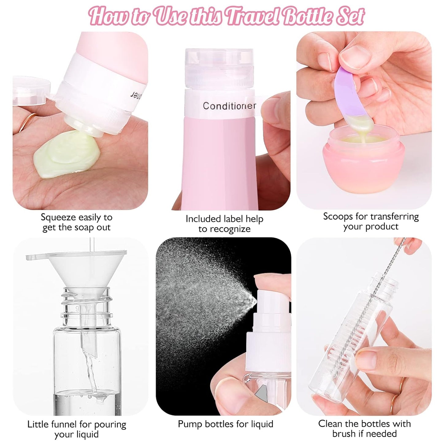 JBYAMUS 18 Pcs Silicone Travel Bottles Set, Leak-Proof Travel Size Toiletries, TSA Approved Travel Bottles for Toiletries, Portable Travel Toiletries Containers for Women (Pink-Green)