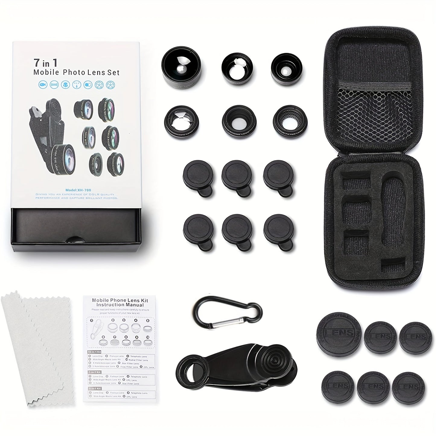 7-in-1 Mobile Phone Camera Lens Kit-198° Fisheye Lens 15X Macro Lens 0.63X Wide Angle Lens Telephoto Lens 2x CPL Kaleidoscope Starburst , Suitable for iPhone 11 12 13 for SamSung for Android Clip-on Camera Lens