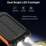 Solar Power Bank: Portable Charger with Dual LED Flashlights, USB Input/Output & Waterproof Solar Panel