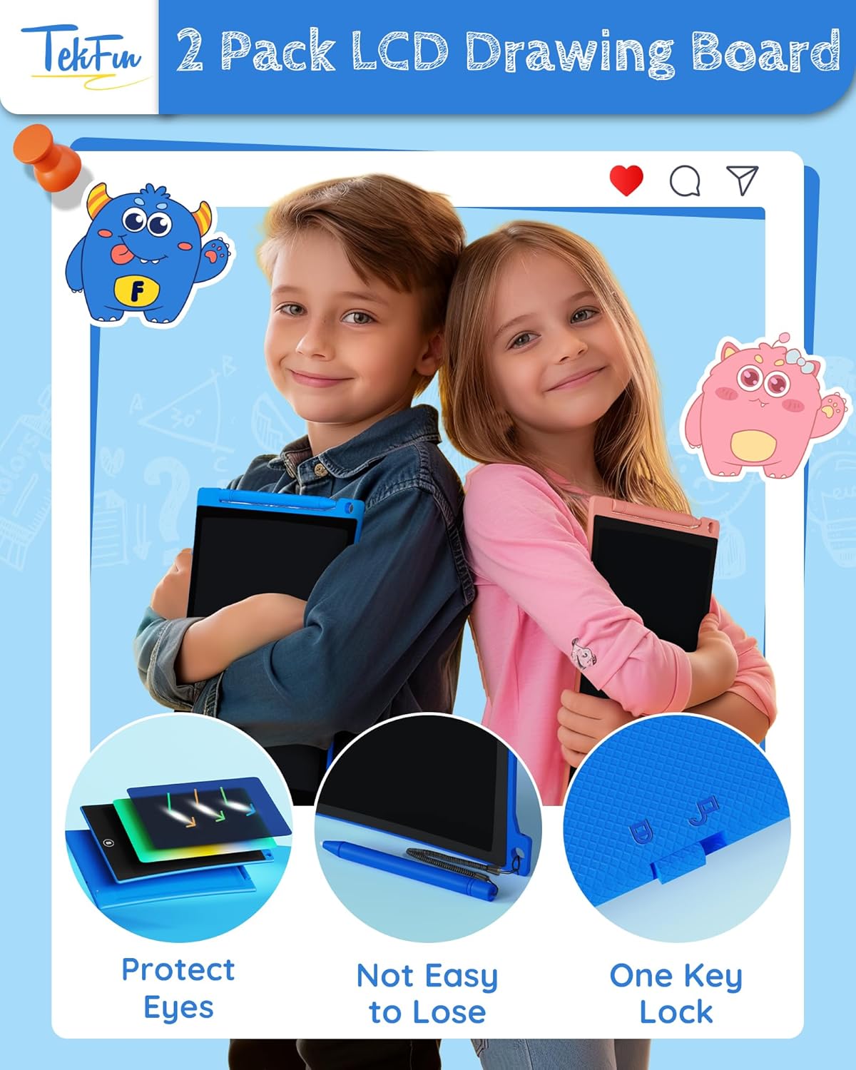 TEKFUN 2 Pack LCD Writing Tablet with Stylus, 8.5in Erasable Doodle Board Mess Free Drawing Pad for Kids, Car Trip Educational Toys Birthday Christmas Gift for 3 4 5 6 7 Girls Boys (2*Blue)