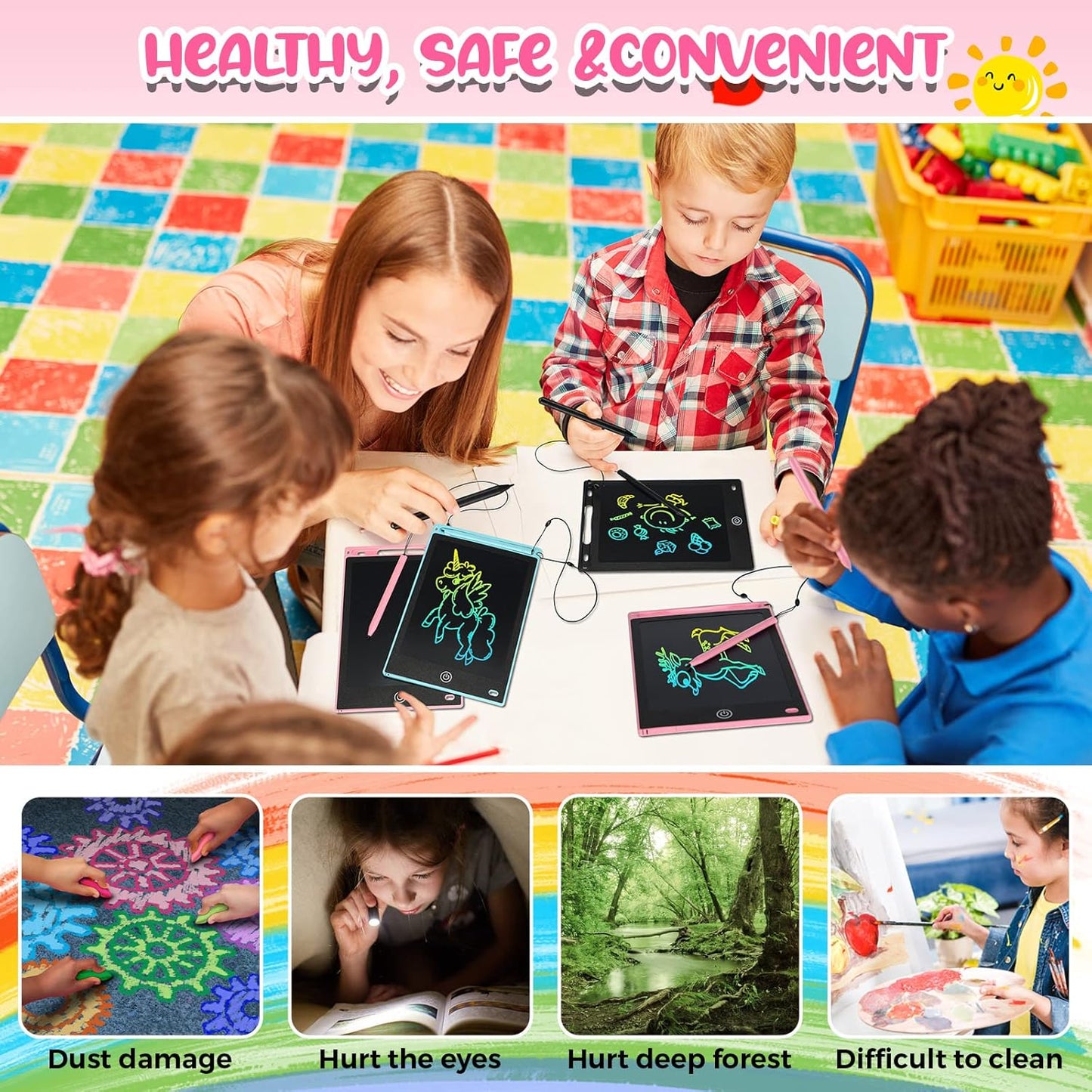 Zonon 4 Pcs LCD Writing Tablet for Kids 8.5 Inch Doodle Board Drawing Tablet Toddler Toys Gifts LCD Writing Board Electronic Erasable Reusable Writing Drawing Pad(Blue, Red, Green, Pink)