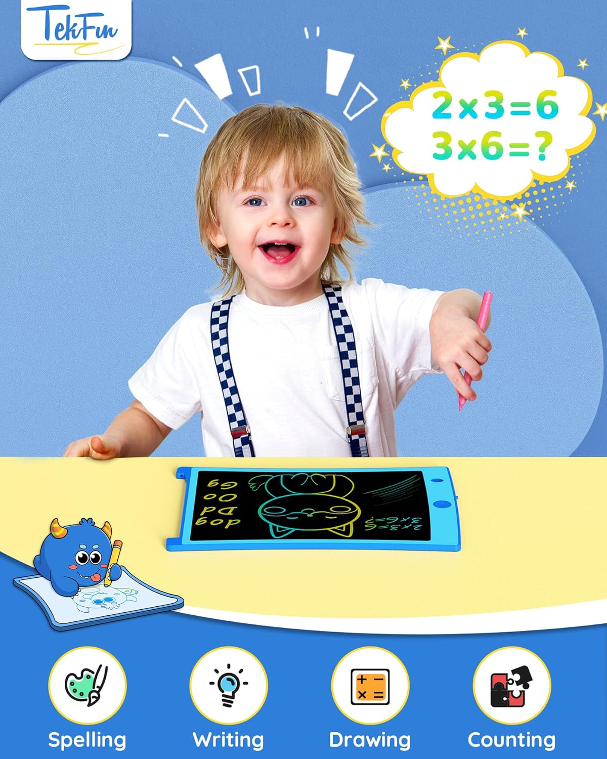 TEKFUN 2 Pack LCD Writing Tablet with Stylus, 8.5in Erasable Doodle Board Mess Free Drawing Pad for Kids, Car Trip Educational Toys Birthday Christmas Gift for 3 4 5 6 7 Girls Boys (2*Blue)