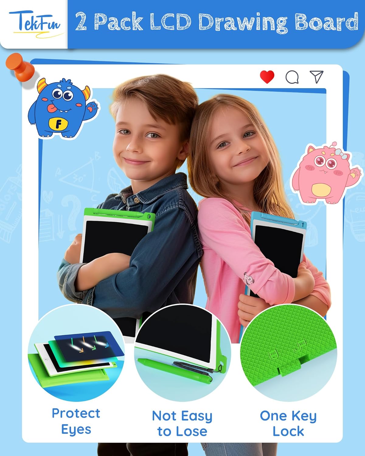 TEKFUN 2 Pack LCD Writing Tablet with Stylus, 8.5in Erasable Doodle Board Mess Free Drawing Pad for Kids, Car Trip Educational Toys Birthday Christmas Gift for 3 4 5 6 7 Girls Boys (2*Blue)