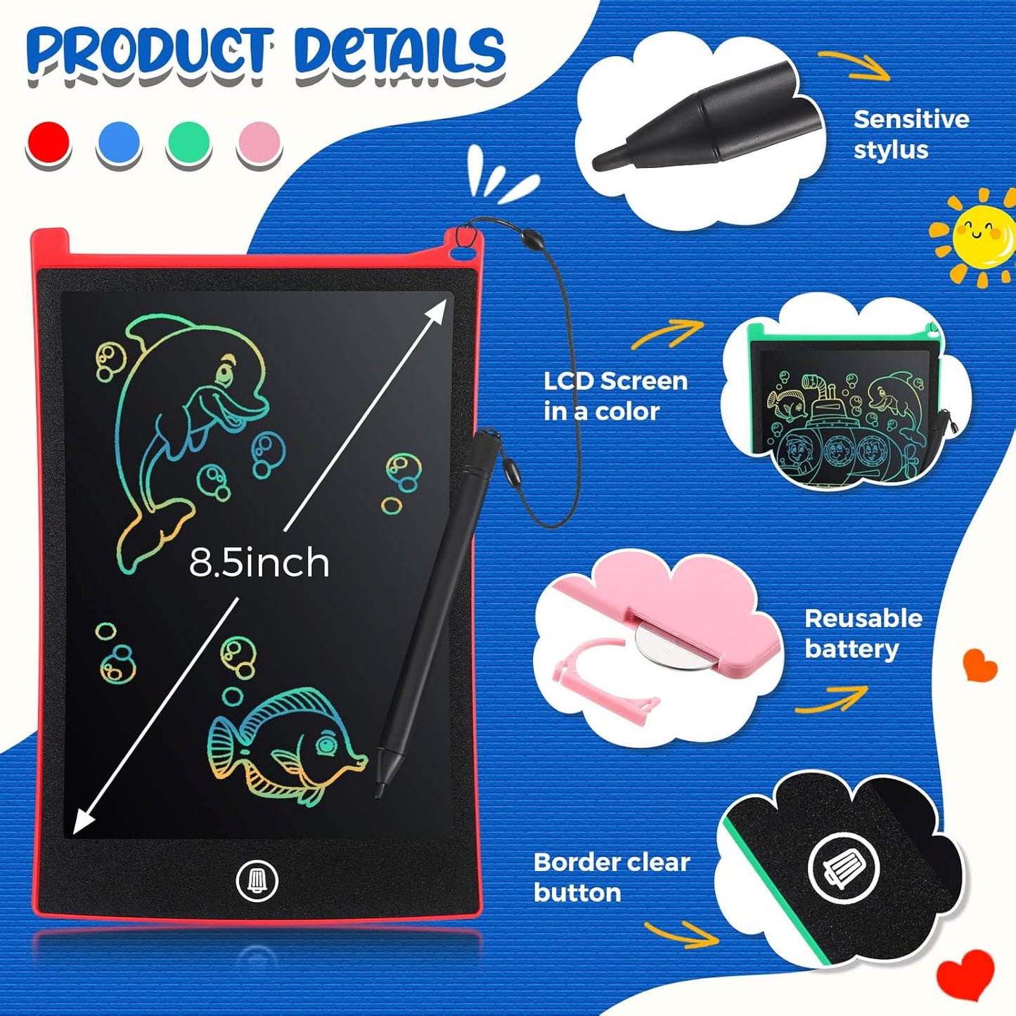 Zonon 4 Pcs LCD Writing Tablet for Kids 8.5 Inch Doodle Board Drawing Tablet Toddler Toys Gifts LCD Writing Board Electronic Erasable Reusable Writing Drawing Pad(Blue, Red, Green, Pink)