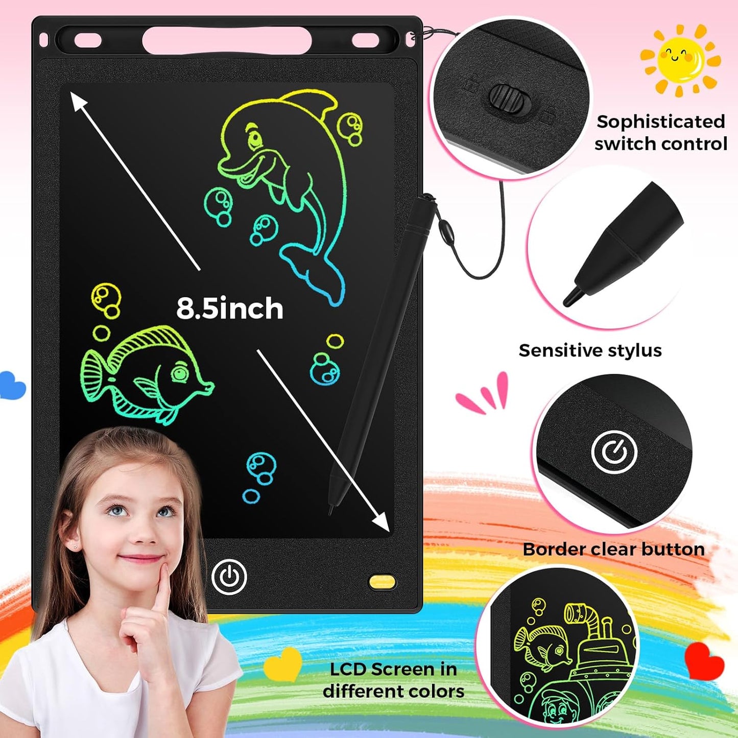 Zonon 4 Pcs LCD Writing Tablet for Kids 8.5 Inch Doodle Board Drawing Tablet Toddler Toys Gifts LCD Writing Board Electronic Erasable Reusable Writing Drawing Pad(Blue, Red, Green, Pink)