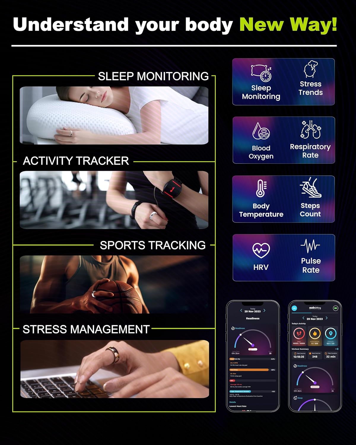 Aabo AI Smart Ring for Men & Women | Fitness Tracking - 32 Modes | Sleep & Stress Monitoring | Titanium Ring | No App Subscription | IP68 Water Resistant | Upto 7-Day Battery Life |Black, Size 11