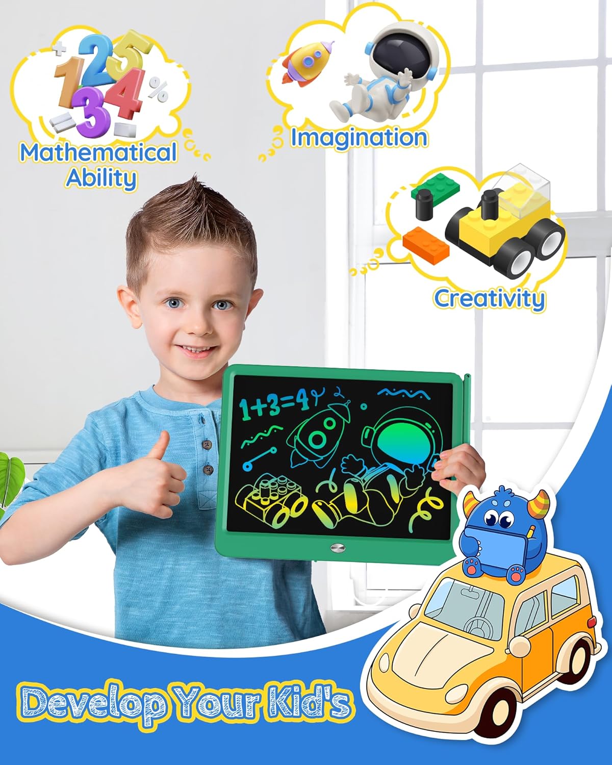 TEKFUN LCD Writing Tablet Doodle Board, 10inch Colorful Drawing Tablet Writing Pad, Kids Travel Essentials, Toddler Toys for 3 4 5 6 7 8 Year Old Girls Boys (Blue)