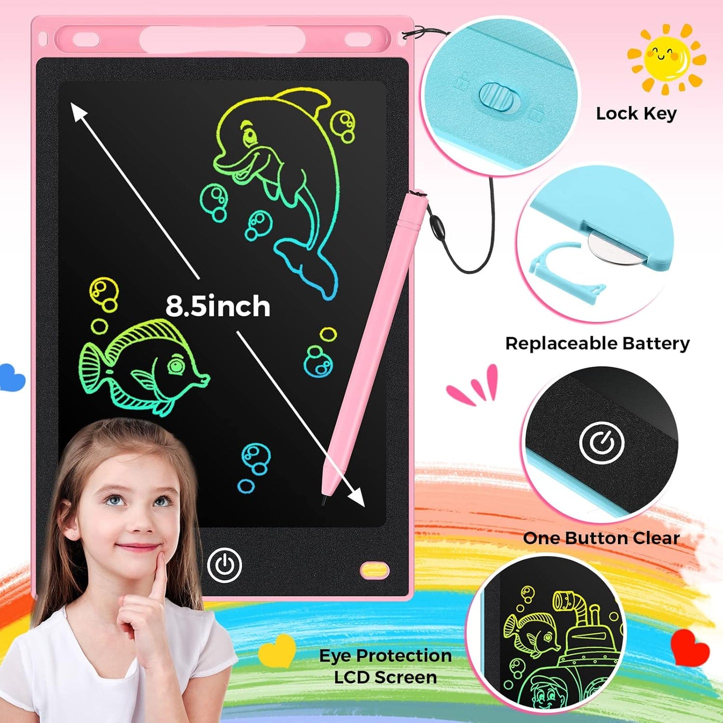 Zonon 4 Pcs LCD Writing Tablet for Kids 8.5 Inch Doodle Board Drawing Tablet Toddler Toys Gifts LCD Writing Board Electronic Erasable Reusable Writing Drawing Pad(Blue, Red, Green, Pink)