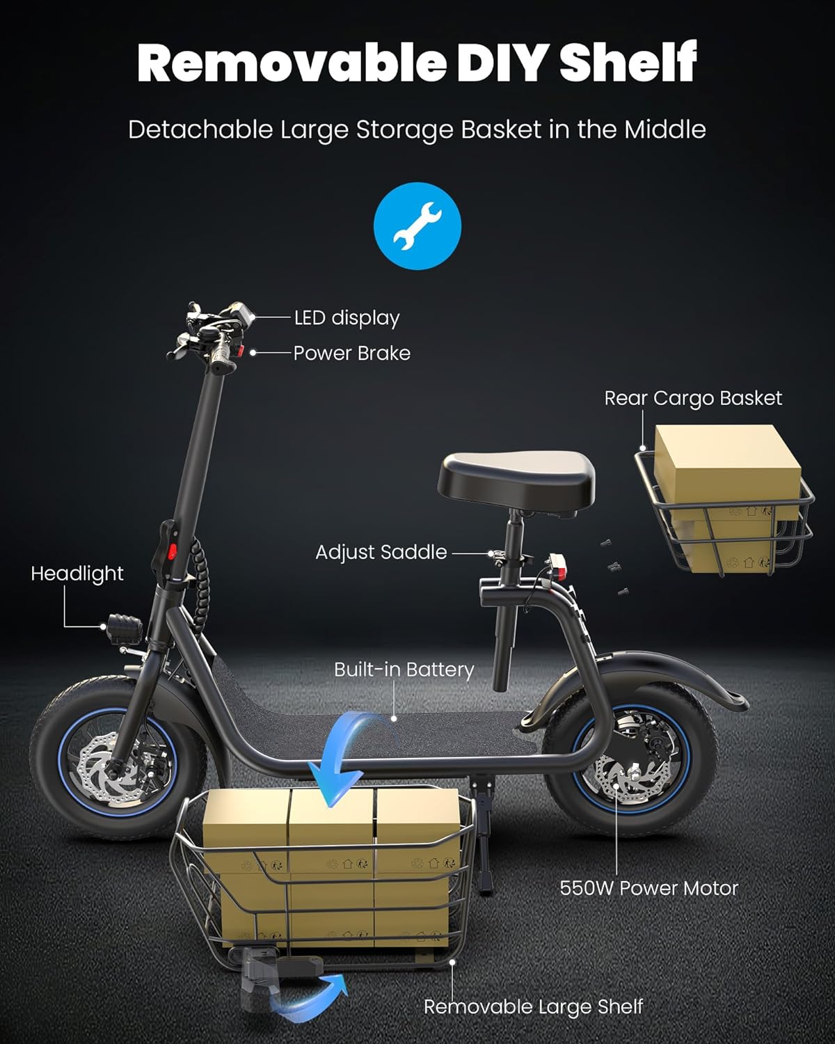 Gyroshoes Electric Scooter with Seat for Adults, 550W Powerful Motor, 20-Mile Range, Speed up to 18.6MPH, Ample Storage for Pets & Cargo, Electrically-Powered Motor Scooters