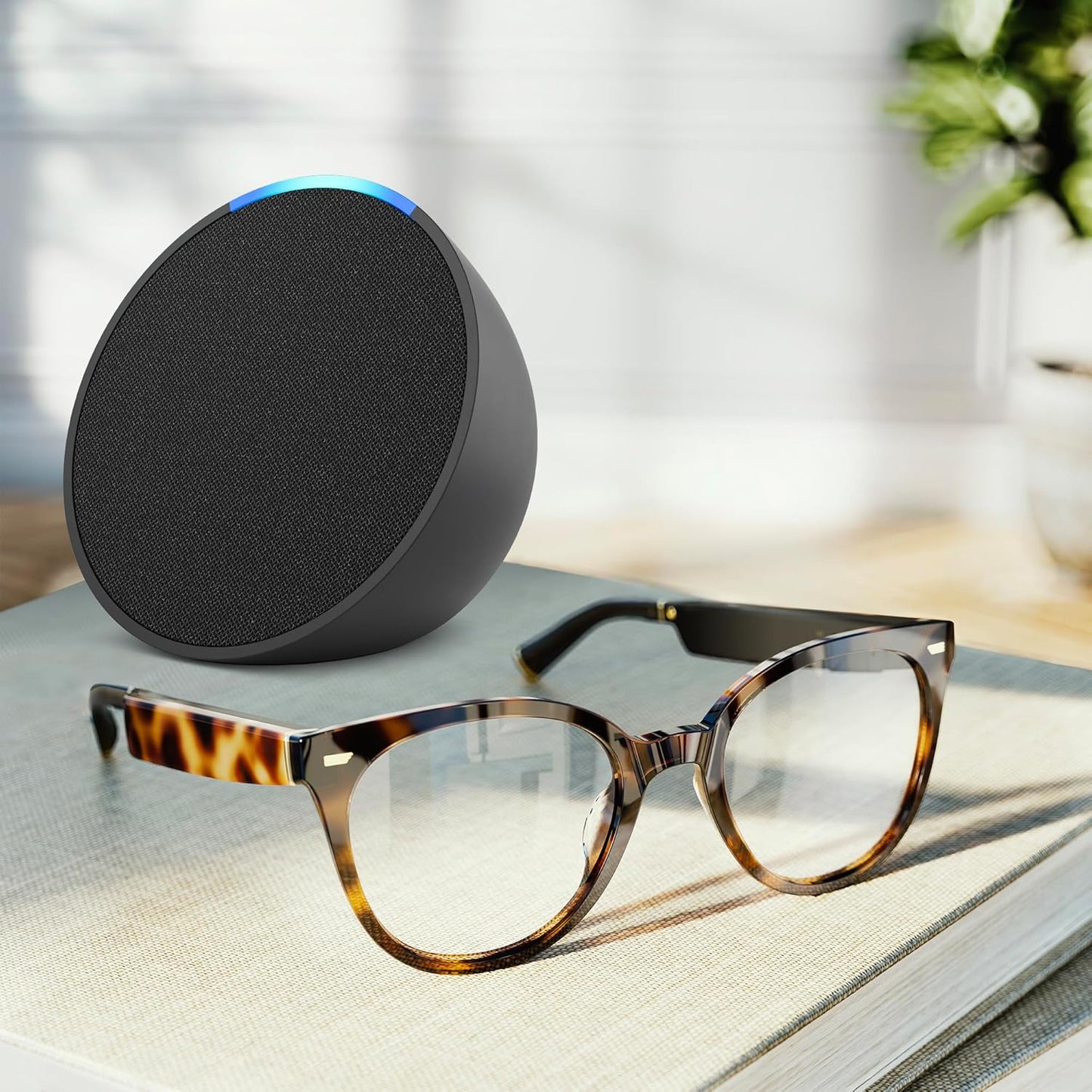 Amazon Echo Frames (3rd Gen) Echo Pop | Smart glasses with Alexa | Round frames in Blue Tortoise with prescription ready lenses