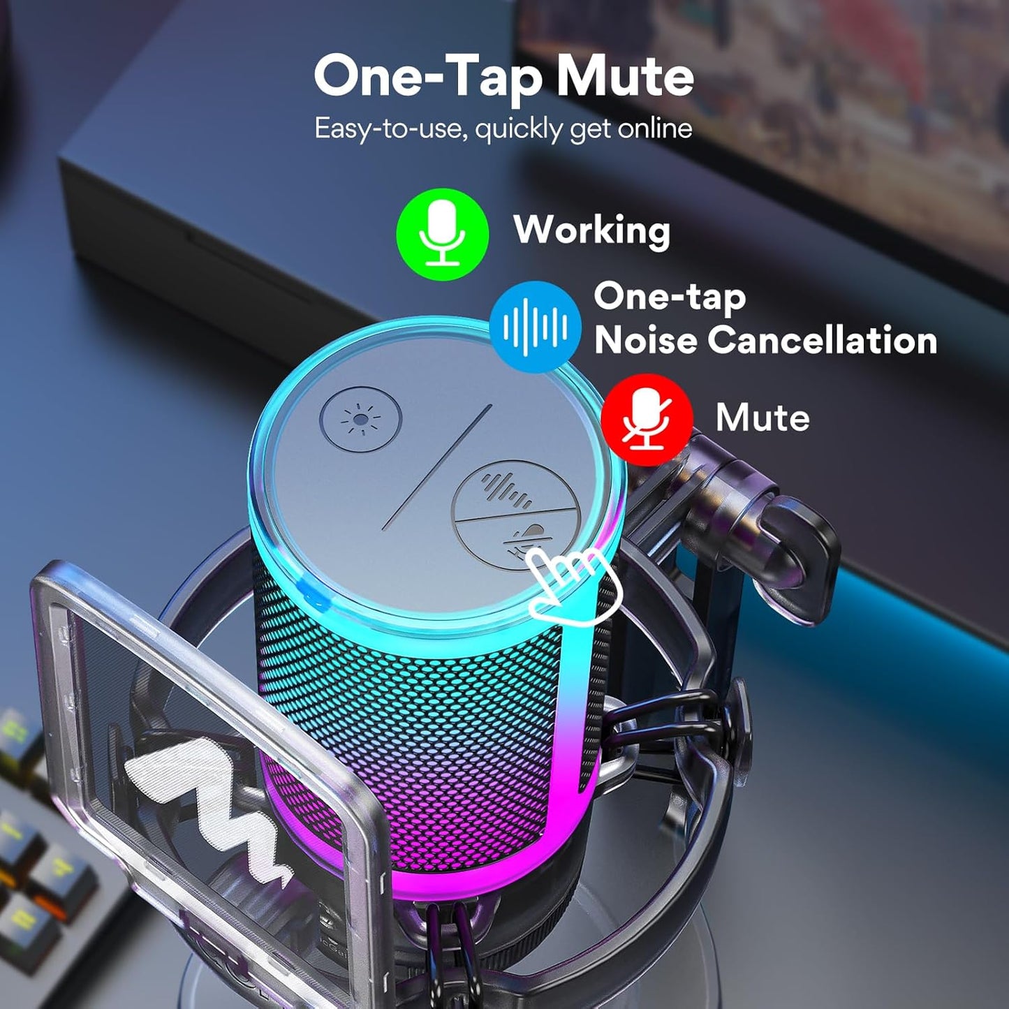 MAONO USB Gaming Microphone for PC, Noise Cancellation Condenser Mic with RGB Lights, Mute, Gain for Streaming, Recording, Podcast, Chat, Twitch, YouTube, Discord, Computer, PS5, PS4, GamerWave