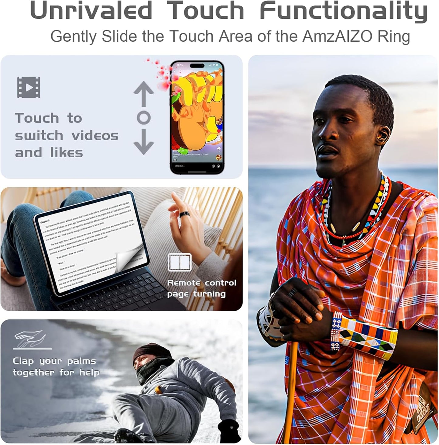 AMZAIZO Smart Ring Health Fitness Tracker,Sleep&Exercise Monitor Heart Rate,Blood Oxygen,Temp,Steps,Distance,Calories,Event Reminders,Air Gestures,SOS,5ATM Waterproof,for Android & iOS (8)