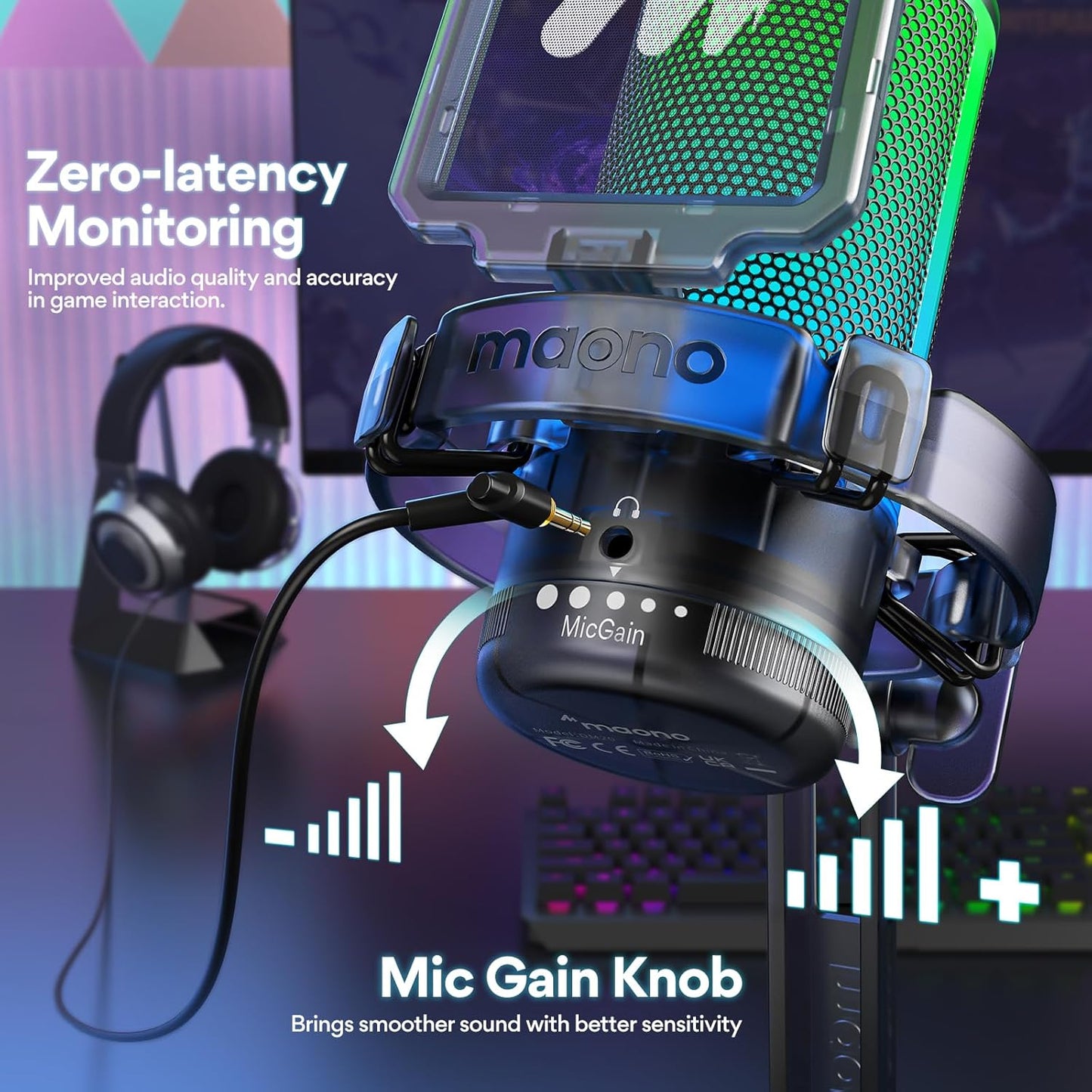 MAONO USB Gaming Microphone for PC, Noise Cancellation Condenser Mic with RGB Lights, Mute, Gain for Streaming, Recording, Podcast, Chat, Twitch, YouTube, Discord, Computer, PS5, PS4, GamerWave