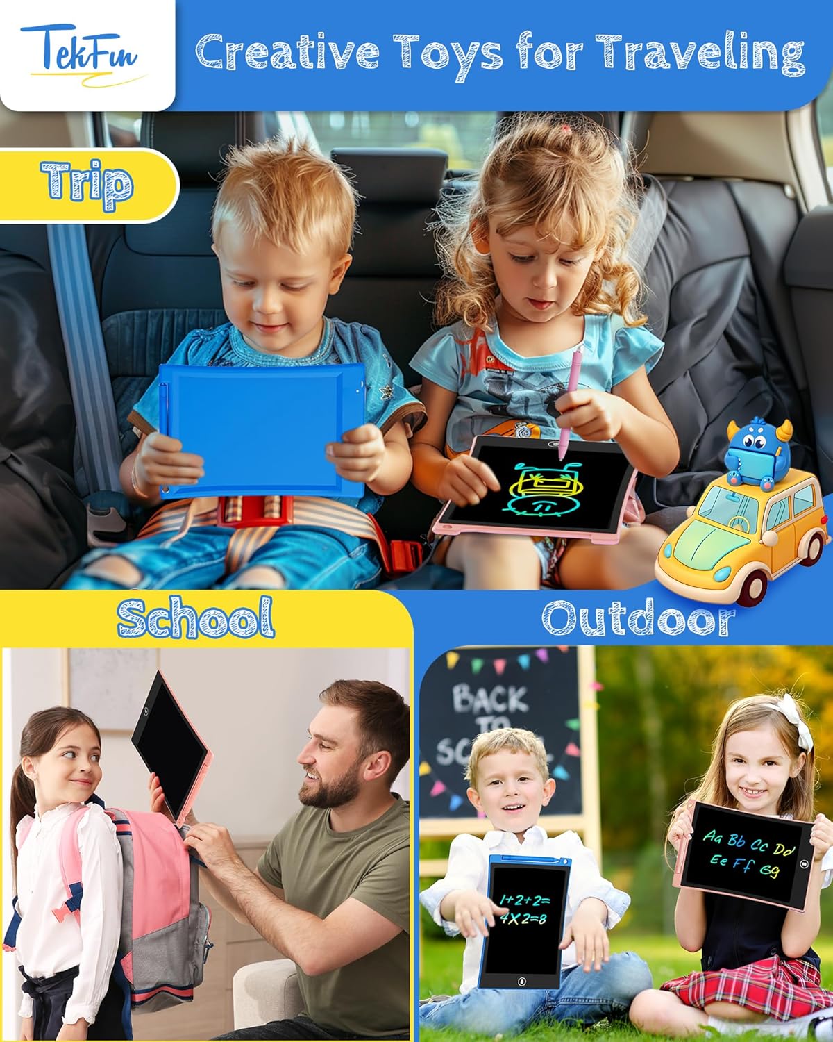TEKFUN 2 Pack LCD Writing Tablet with Stylus, 8.5in Erasable Doodle Board Mess Free Drawing Pad for Kids, Car Trip Educational Toys Birthday Christmas Gift for 3 4 5 6 7 Girls Boys (2*Blue)