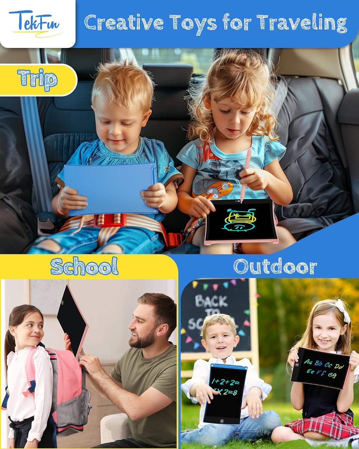 TEKFUN 2 Pack LCD Writing Tablet with Stylus, 8.5in Erasable Doodle Board Mess Free Drawing Pad for Kids, Car Trip Educational Toys Birthday Christmas Gift for 3 4 5 6 7 Girls Boys (2*Blue)