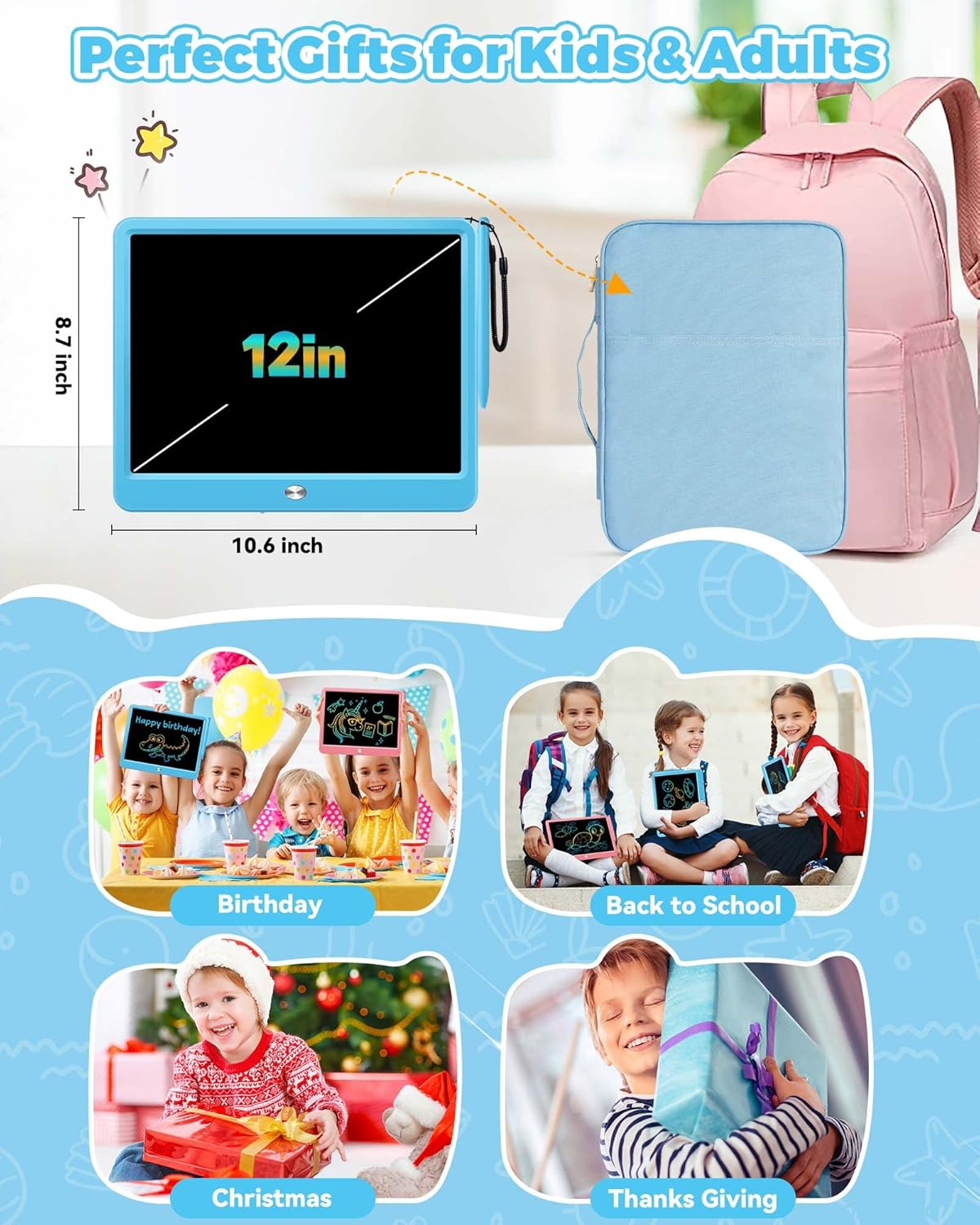 KOKODI 12 Inch LCD Writing Tablet with Anti-Lost Stylus, Erasable Doodle Board Colorful Toddler Drawing Pad, Car Travel School Games Toys for 3 4 5 6 7 8 Kids, Birthday Gift for Girls Boys Adults Pink