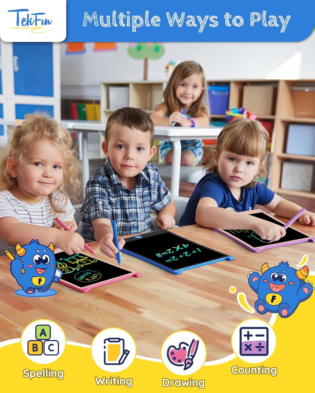 TEKFUN 2 Pack LCD Writing Tablet with Stylus, 8.5in Erasable Doodle Board Mess Free Drawing Pad for Kids, Car Trip Educational Toys Birthday Christmas Gift for 3 4 5 6 7 Girls Boys (2*Blue)