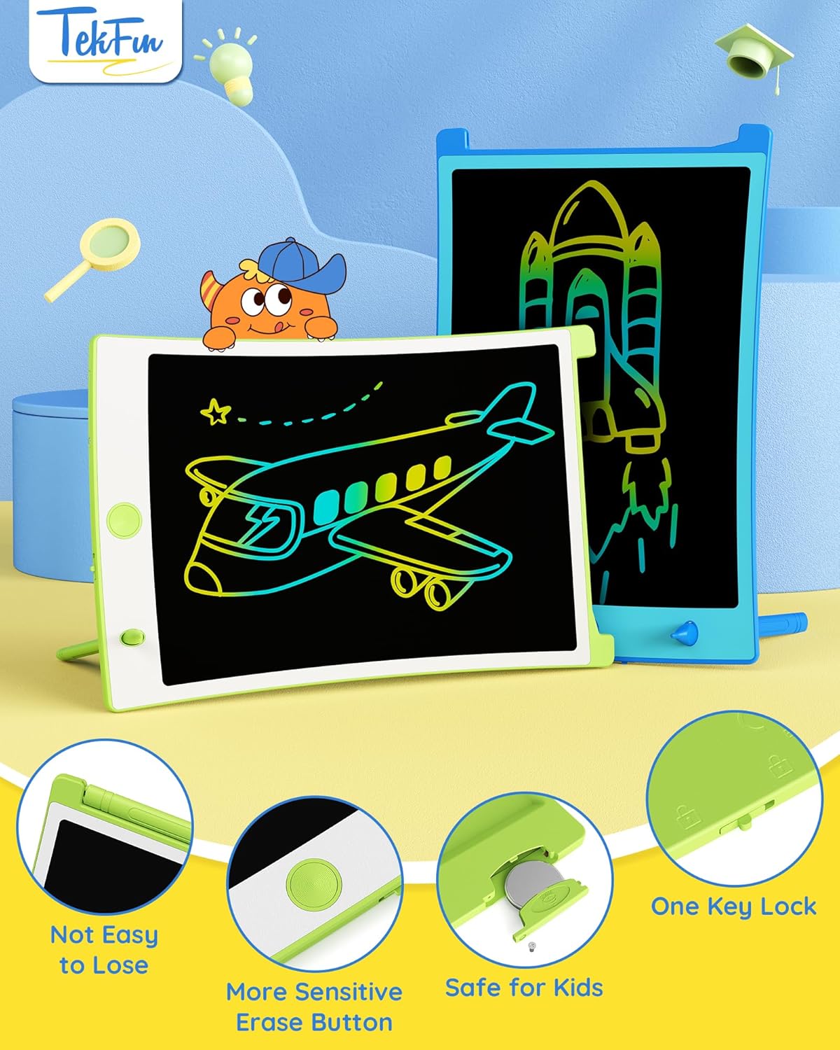 TEKFUN 2 Pack LCD Writing Tablet with Stylus, 8.5in Erasable Doodle Board Mess Free Drawing Pad for Kids, Car Trip Educational Toys Birthday Christmas Gift for 3 4 5 6 7 Girls Boys (2*Blue)