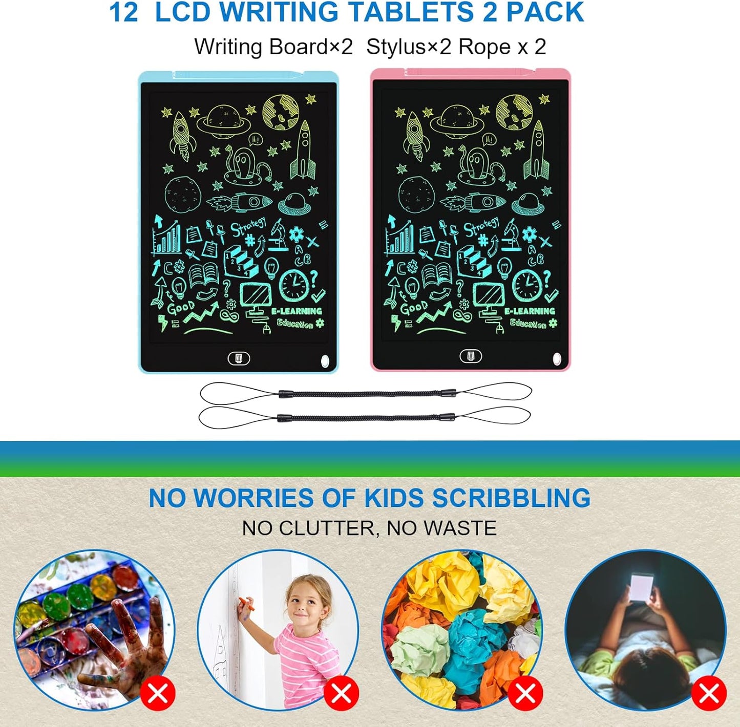 2 Pack 12 Inch LCD Writing Tablet, Electight Colorful Doodle Board, Eye Protection Drawing Board with Lock & Erase FUNC, Birthday Gifts and Toys for 3 4 5 6 7 8 Year Old Boys and Girls - Pink & Blue