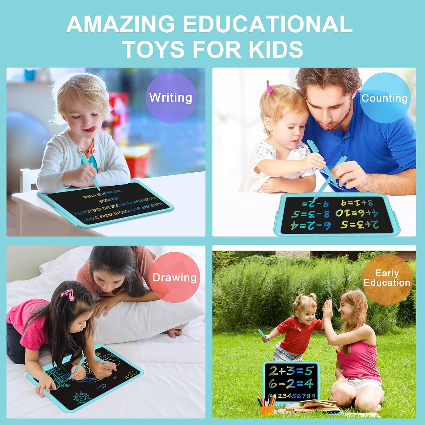 FLUESTON LCD Writing Tablet, Doodle Board Toys Gifts for 3-8 Year Old Girls Boys, 10 Inch Colorful Electronic Board Drawing Pad for Kids, Gifts for Toddler Educational Learning Travel Birthday, Blue