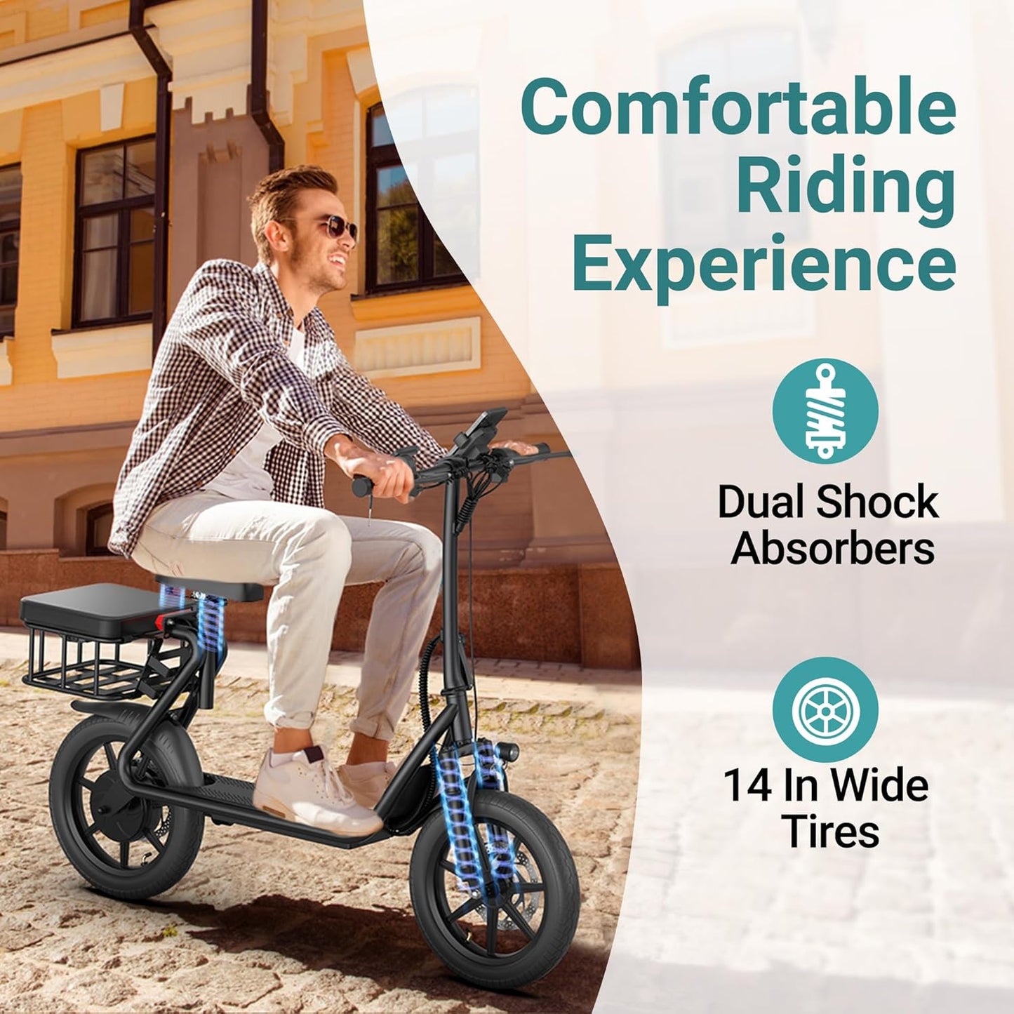 NAVIC Electric Scooter Adults,Electric Scooter with Seat,Max 27/49 Miles Ranges,Top Speed 22 mph,750W Peak Motor,Adult Electric Scooter for Pets,Cargo with Back Basket,Scooter Lock