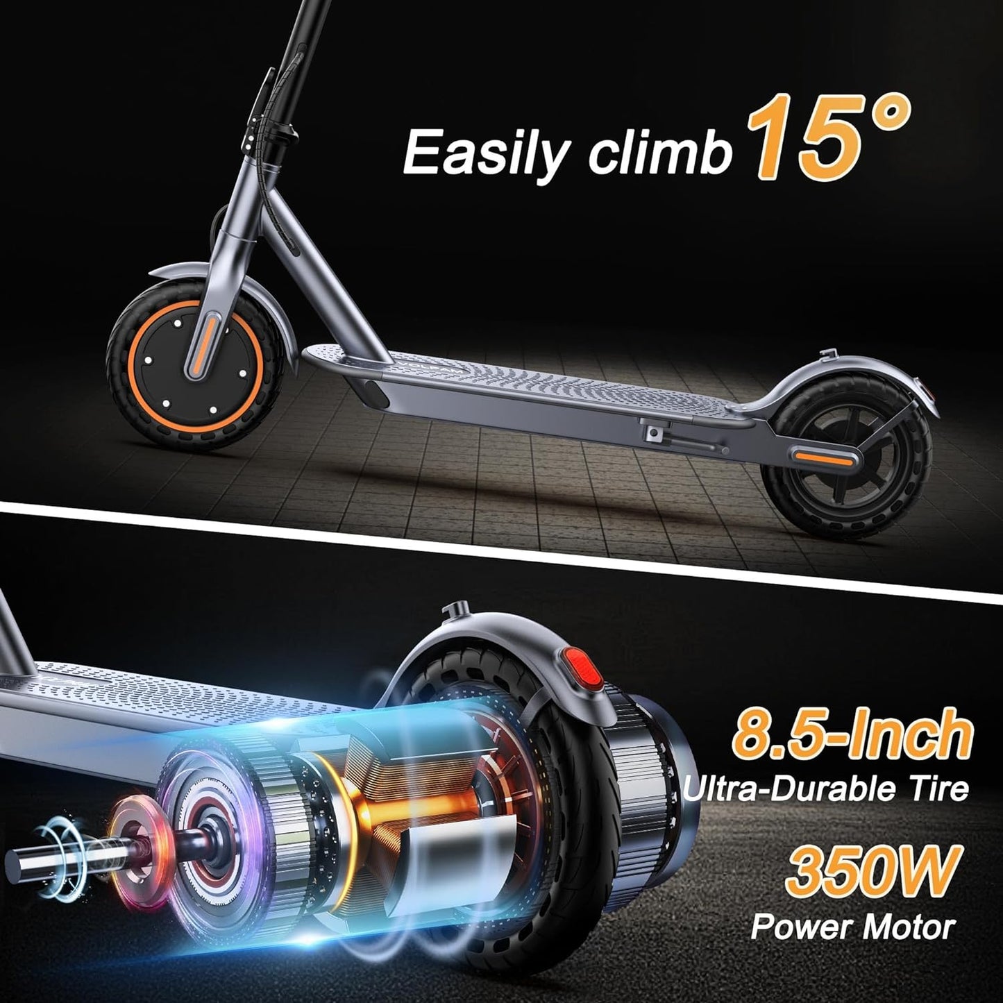 Electric Scooter Adults - Max 19Miles Range & 19MPH Speed E-Scooter, Powerful 350W Scooter, Folding Scooters with 8.5" Solid Tires, Kick Scooter, 2 Wheels and Height Handlebars (Orange)