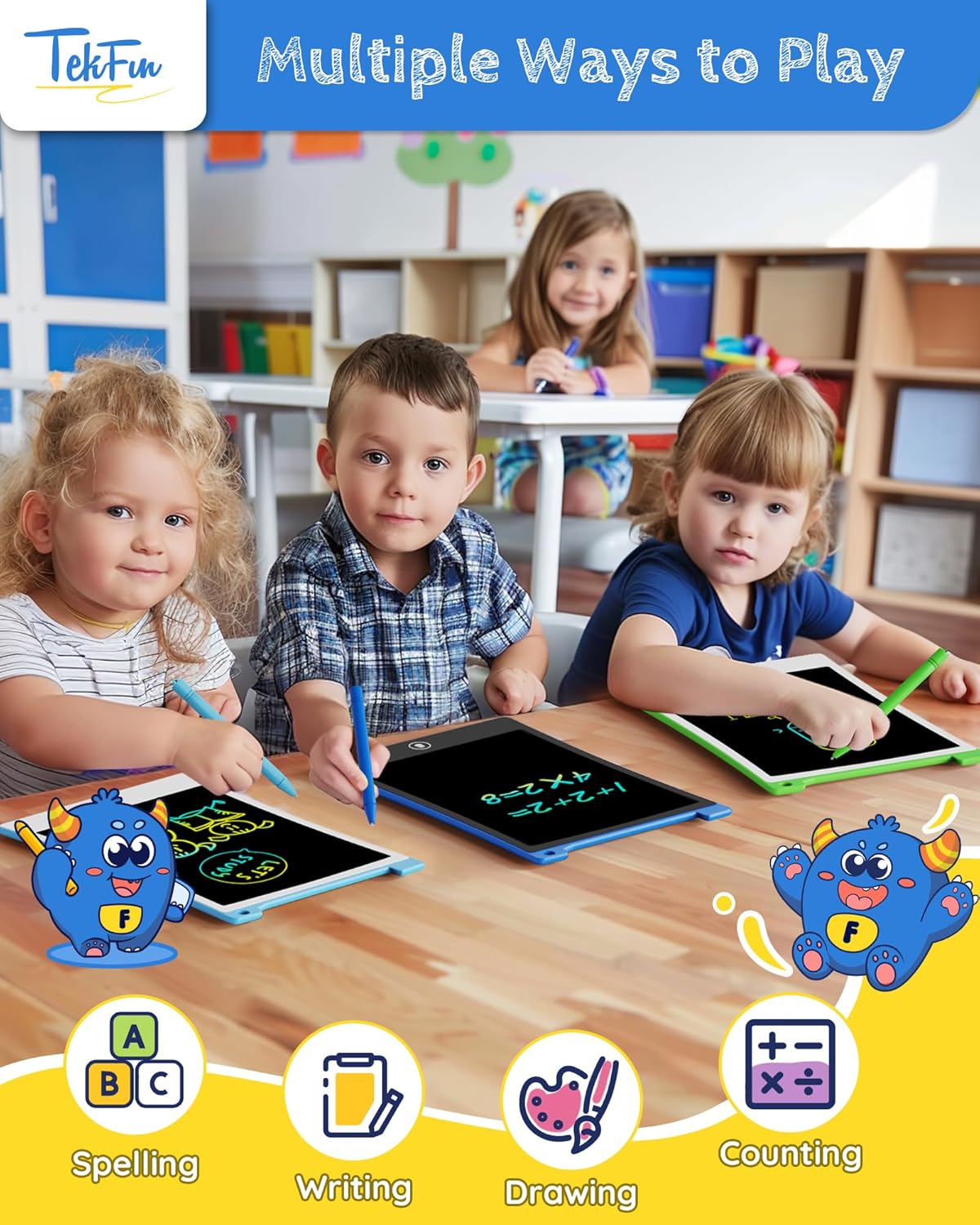 TEKFUN 2 Pack LCD Writing Tablet with Stylus, 8.5in Erasable Doodle Board Mess Free Drawing Pad for Kids, Car Trip Educational Toys Birthday Christmas Gift for 3 4 5 6 7 Girls Boys (2*Blue)