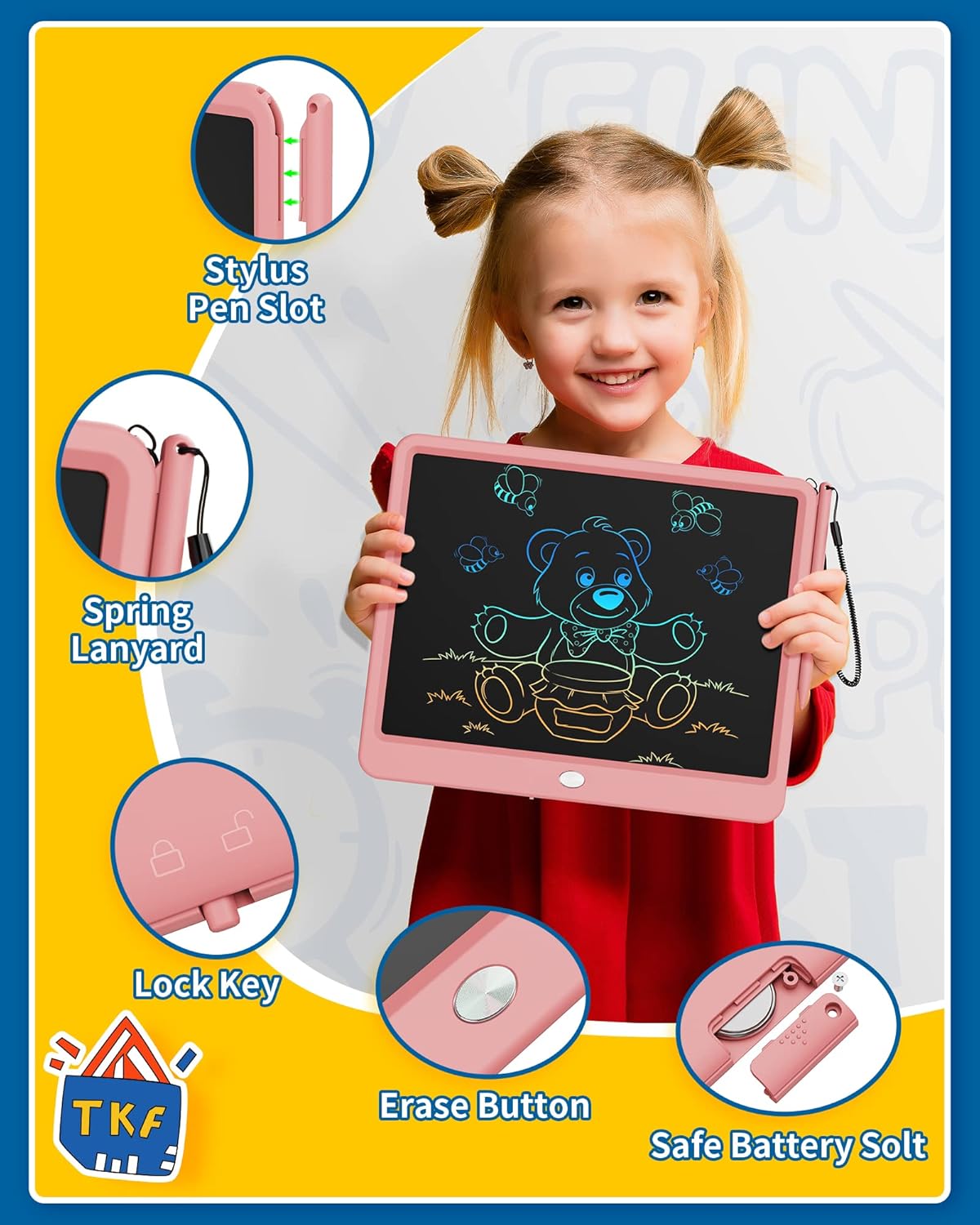 TEKFUN Teen Girl Gifts Ideas, 15inch LCD Writing Tablet for Kids Age 8-10 and Up, Doodle Board 4 5 6 7 Year Old Girl Toys, Mothdays Day Gifts Homeschool Supplies Easter Gifts for Toddlers (Pink)