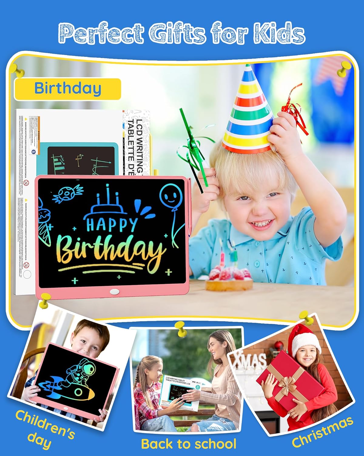 TEKFUN LCD Writing Tablet Doodle Board, 10inch Colorful Drawing Tablet Writing Pad, Kids Travel Essentials, Toddler Toys for 3 4 5 6 7 8 Year Old Girls Boys (Blue)