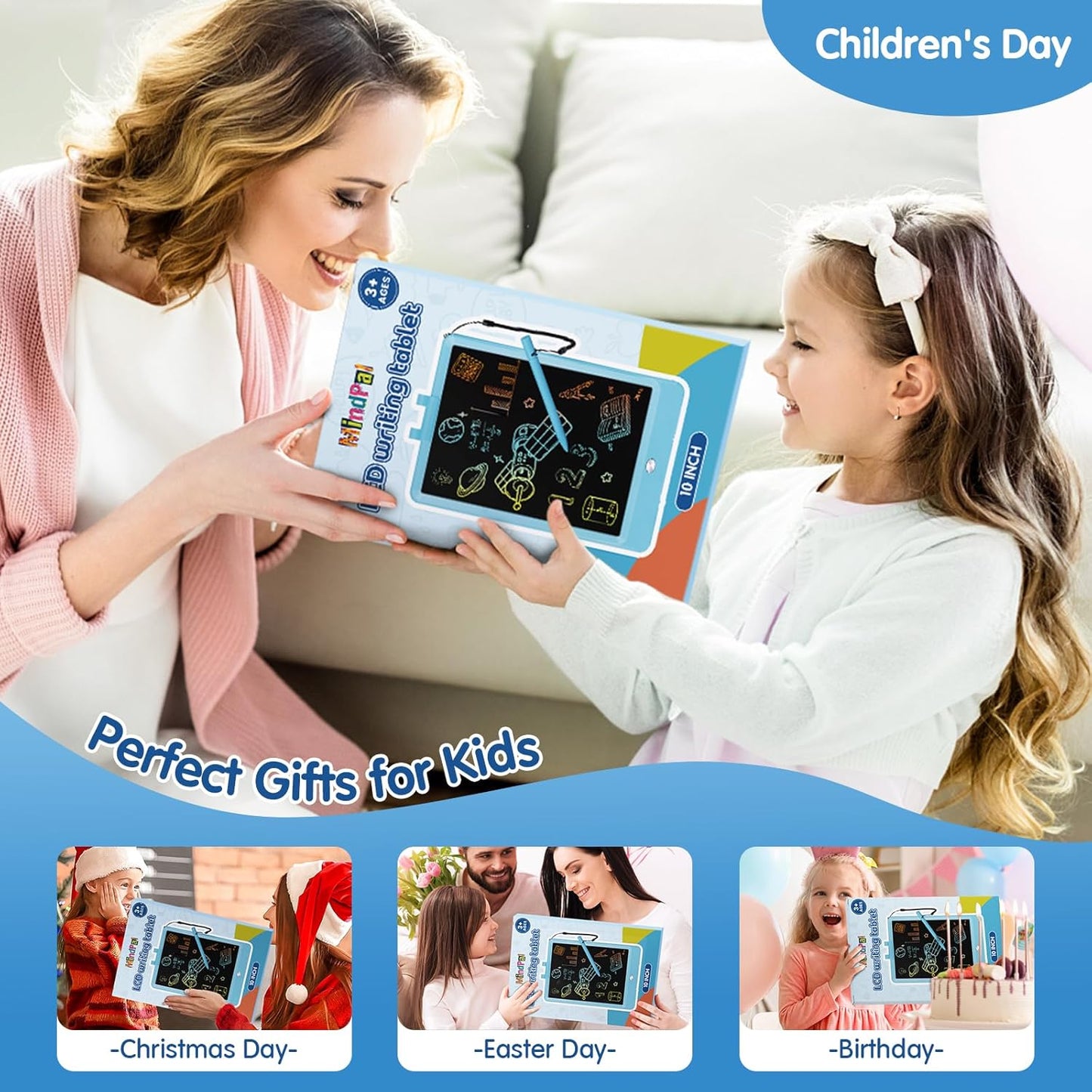 MindPal 10 Inch Drawing Tablet, LCD Writing Tablet for Kids, Colorful Doodle Board Toddler Drawing Pad, Educational Learning & Travel Essential Kid Toy for 3 4 5 6 7 8-Year-Old Girls Boys (Blue)