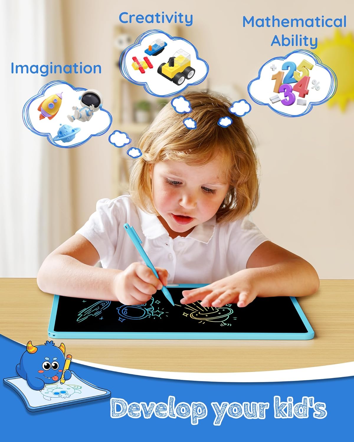 TEKFUN LCD Writing Tablet Doodle Board, 10inch Colorful Drawing Tablet Writing Pad, Kids Travel Essentials, Toddler Toys for 3 4 5 6 7 8 Year Old Girls Boys (Blue)