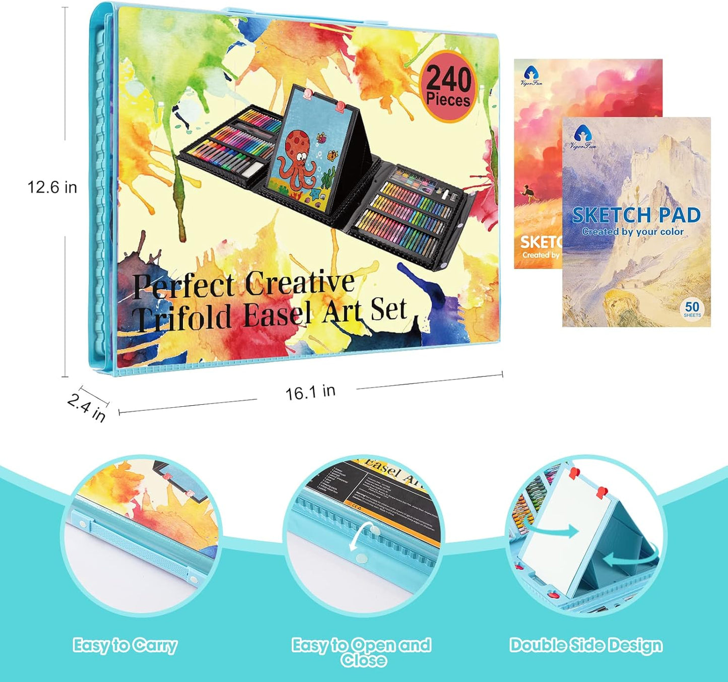 Art Supplies, 240-Piece Art Set Crafts Drawing Kits with Double Sided Trifold Easel, Includes Sketch Pads, Oil Pastels, Crayons, Colored Pencils, Gifts for Girls Boys Teen Ages 4-6-8-9-12 (Black)