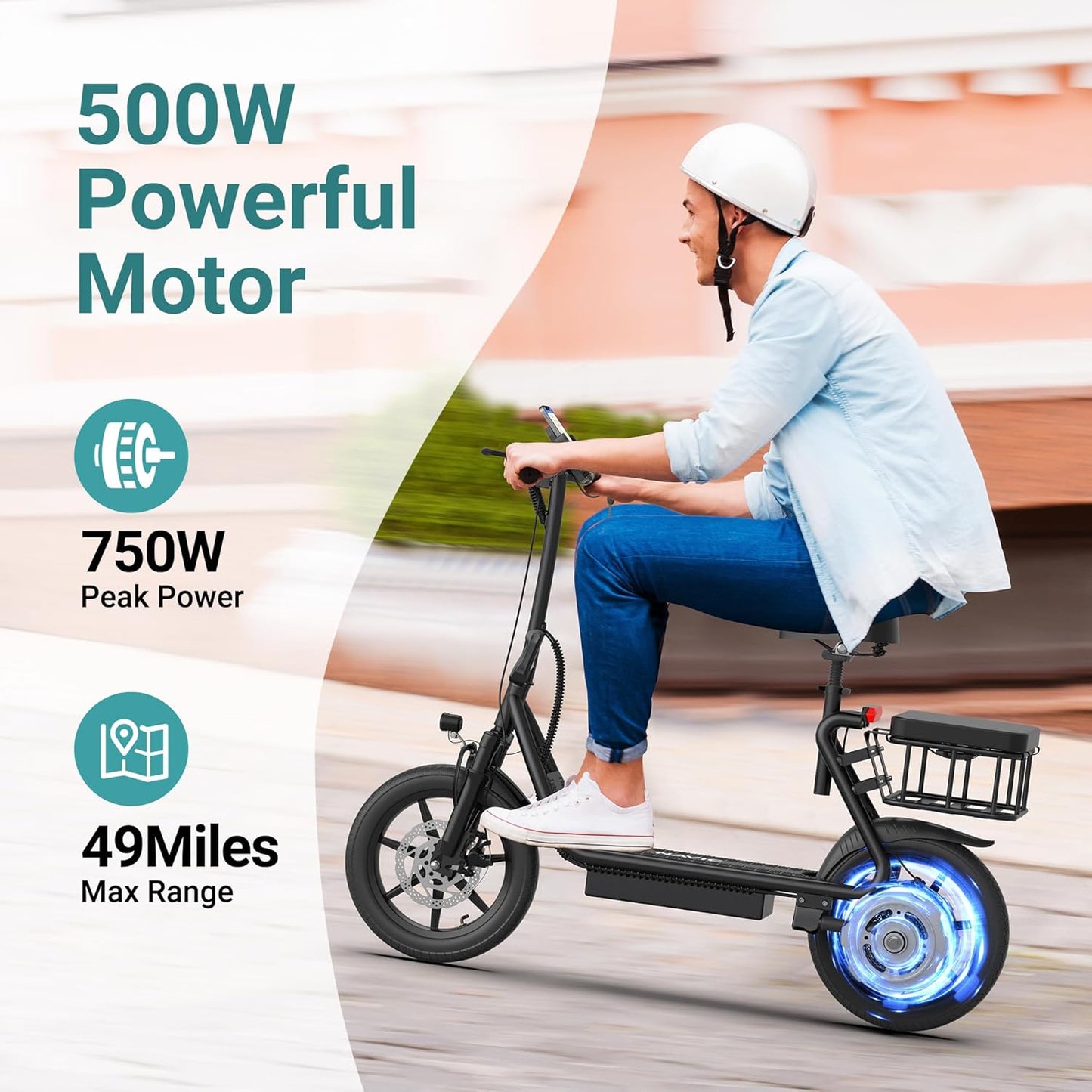 NAVIC Electric Scooter Adults,Electric Scooter with Seat,Max 27/49 Miles Ranges,Top Speed 22 mph,750W Peak Motor,Adult Electric Scooter for Pets,Cargo with Back Basket,Scooter Lock