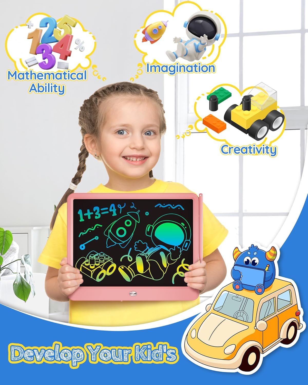 TEKFUN LCD Writing Tablet Doodle Board, 10inch Colorful Drawing Tablet Writing Pad, Kids Travel Essentials, Toddler Toys for 3 4 5 6 7 8 Year Old Girls Boys (Blue)
