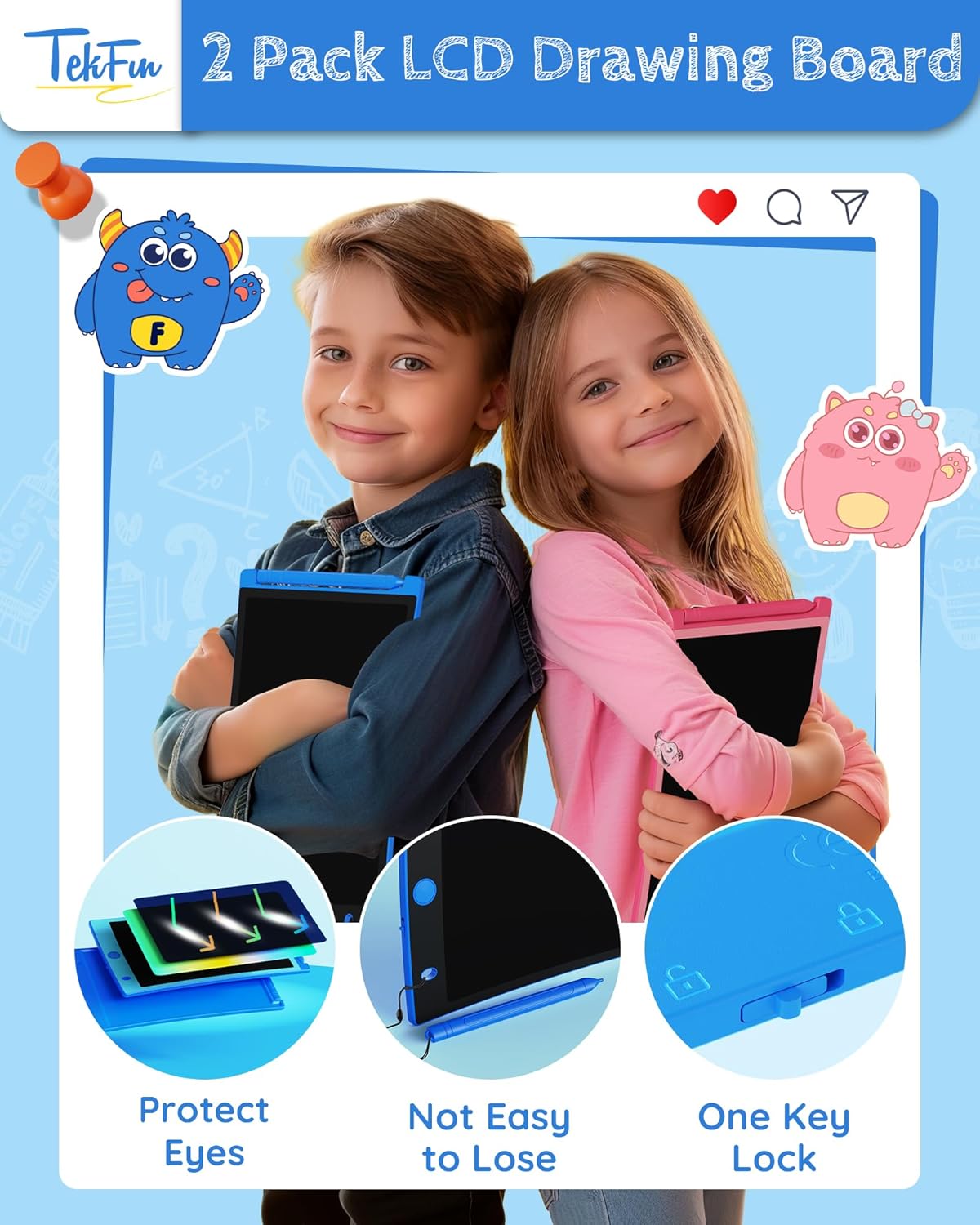 TEKFUN 2 Pack LCD Writing Tablet with Stylus, 8.5in Erasable Doodle Board Mess Free Drawing Pad for Kids, Car Trip Educational Toys Birthday Christmas Gift for 3 4 5 6 7 Girls Boys (2*Blue)