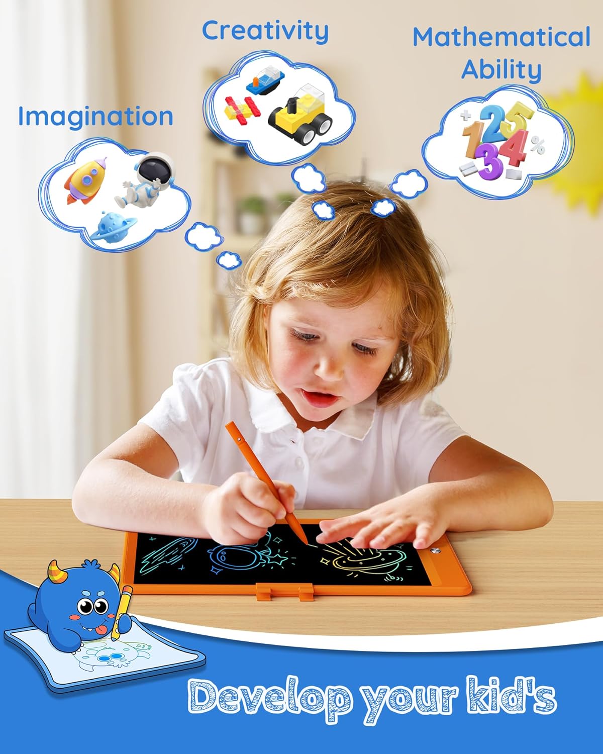 TEKFUN LCD Writing Tablet Doodle Board, 10inch Colorful Drawing Tablet Writing Pad, Kids Travel Essentials, Toddler Toys for 3 4 5 6 7 8 Year Old Girls Boys (Blue)
