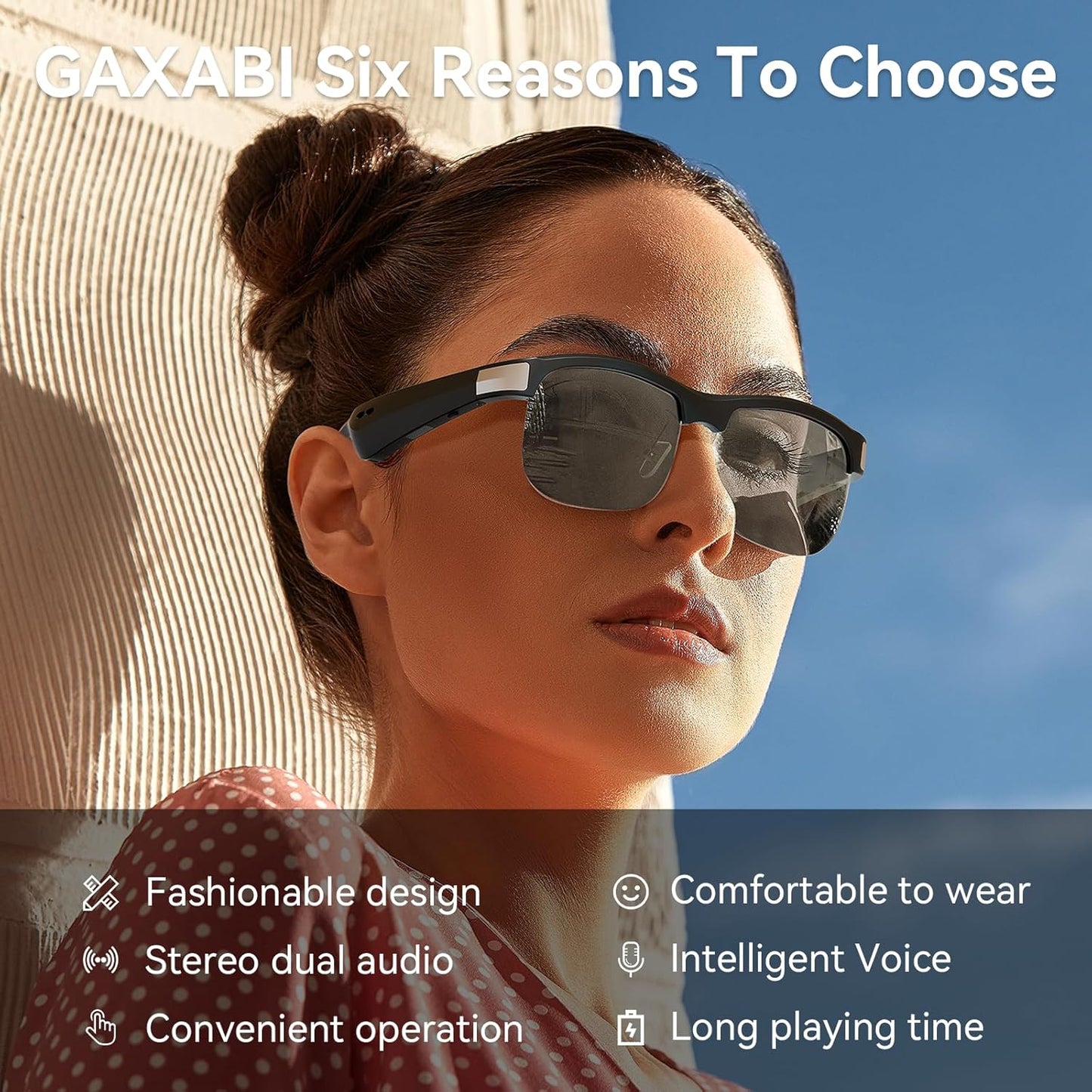 GAXABI Smart Glasses, Polarized Bluetooth Sunglasses, Built-in Mic & Speakers, Voice Assistant, UV Protection, Bluetooth Glasses for Office, Driving, Cycling Outdoor Sports