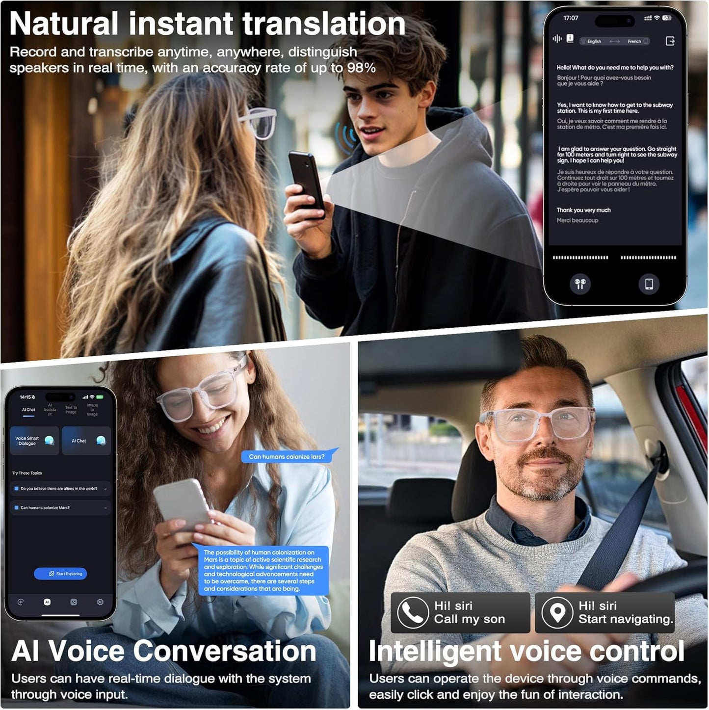 celpack Smart Glasses with AI,Bluetooth Glasses with 110 Translation,Smart Glasses for Men&Woman,Multifunctional Camera Glasses