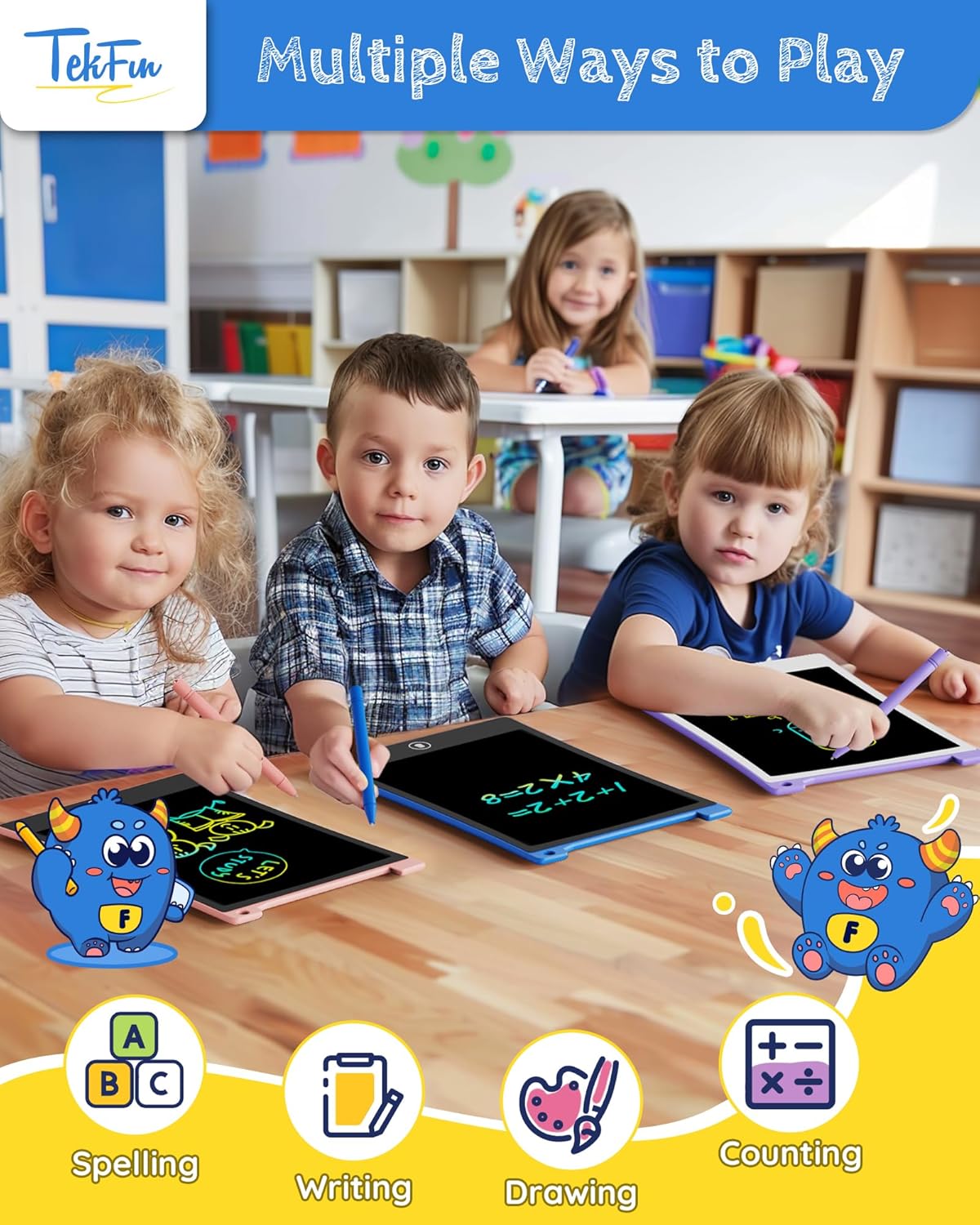TEKFUN 2 Pack LCD Writing Tablet with Stylus, 8.5in Erasable Doodle Board Mess Free Drawing Pad for Kids, Car Trip Educational Toys Birthday Christmas Gift for 3 4 5 6 7 Girls Boys (2*Blue)