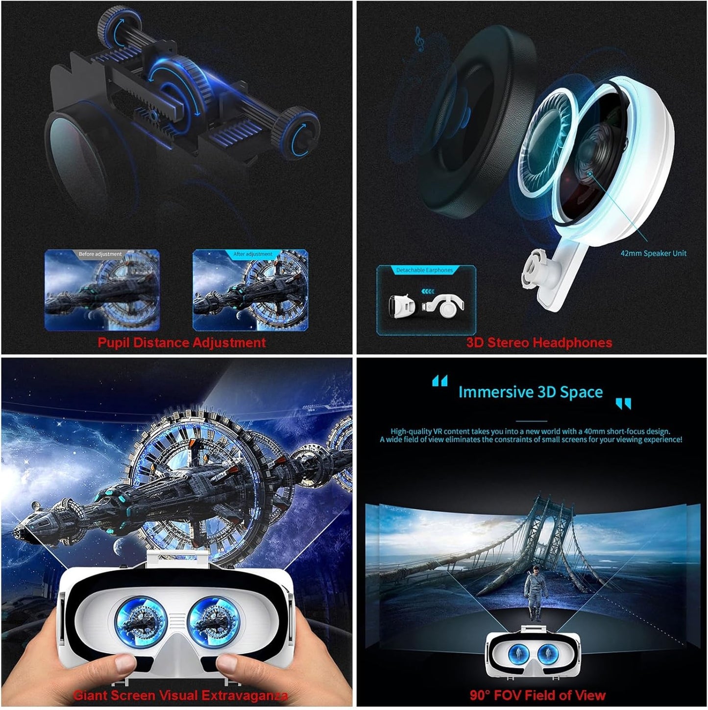 VR Headset for Phone 4.7-7.8 Inch iOS and Android, 3D Virtual Reality Glasses with Controller and Headphones, Vr Glasses for Kids and Adult Play Vr Games & 3D Movies, for Men/Kids (