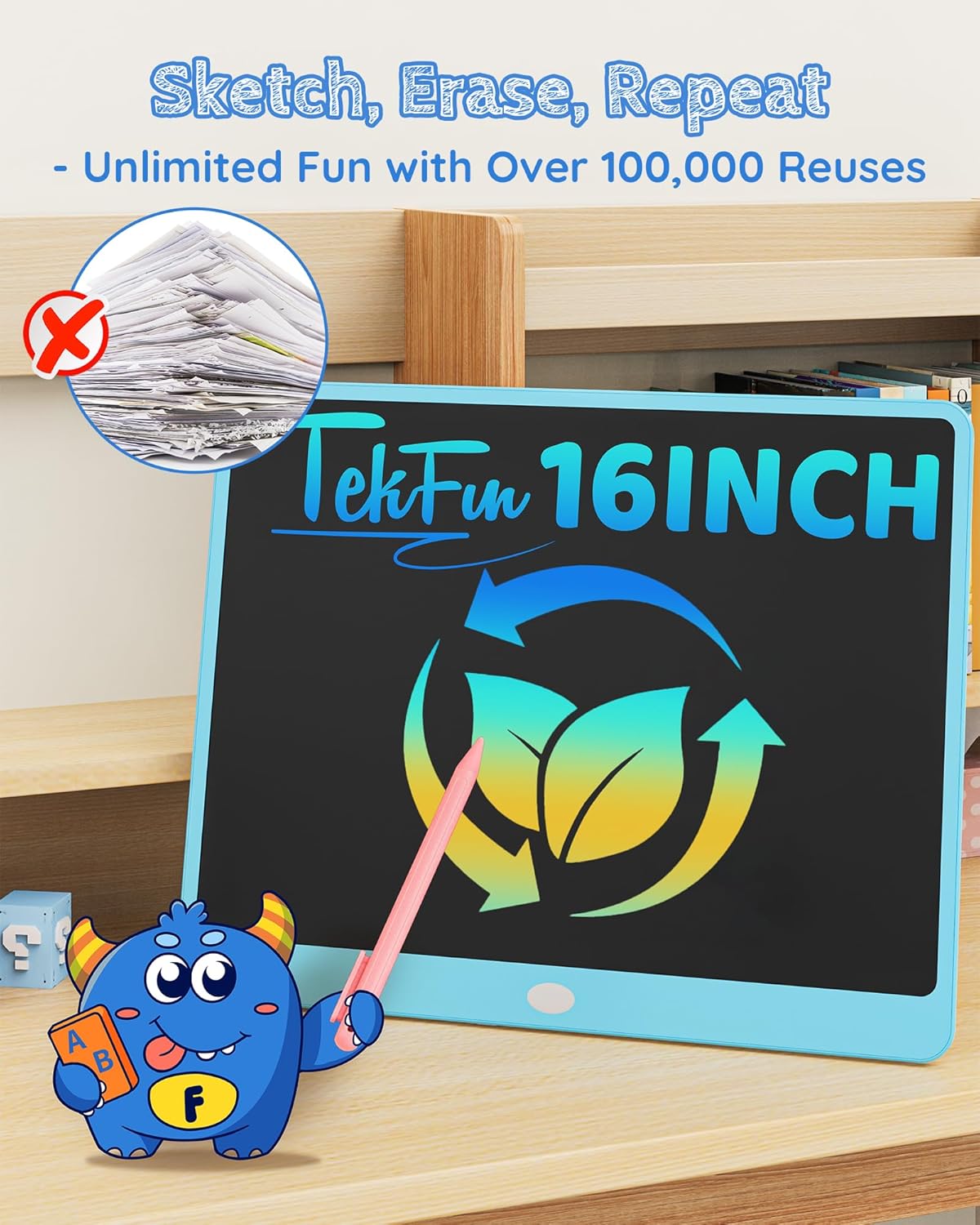 TEKFUN LCD Writing Tablet Doodle Board, 10inch Colorful Drawing Tablet Writing Pad, Kids Travel Essentials, Toddler Toys for 3 4 5 6 7 8 Year Old Girls Boys (Blue)