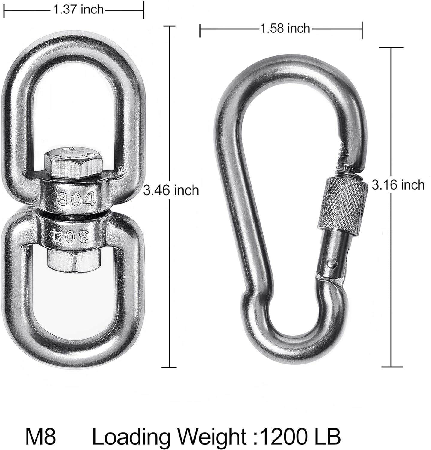 2 1 Heavy Duty 304 Stainless Steel Swivel Ring Double Ended Swivel Eye Hook with SUS304 Snap Hooks for Web Tree Swing, Swing Spinner Hanger, Reliable and Safe (M8)